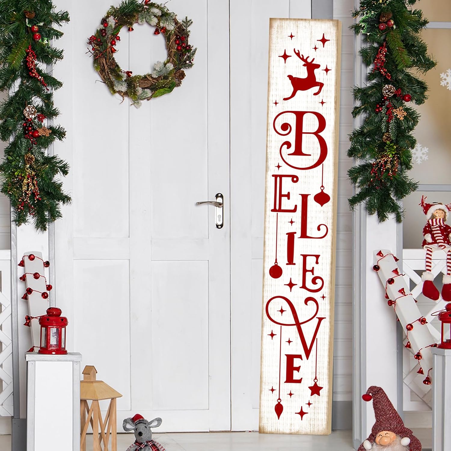 Christmas Wooden Porch Sign 47.2" Believe Reindeer Welcome Sign for Front Porch, Vertical Standing Outdoor Porch Decor for Home Front Door Yard Farmhouse Hanging Christmas Decoration Believe Christmas