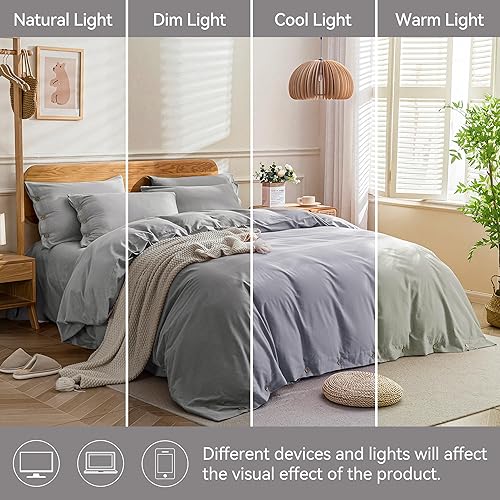 Miniatura 9 de JELLYMONI - Funda de edredón de 100% algodón lavado, tamaño Queen, color gris claro, con botones, 3 piezas, transpirable, suave, unicolor, de 90 x