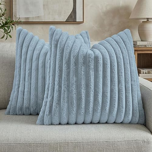 FUTEI - Juego de 2 fundas de almohada decorativas con rayas de color amarillo, 24 x 24 pulgadas, cuadradas y primaverales, piel sintética de conejo