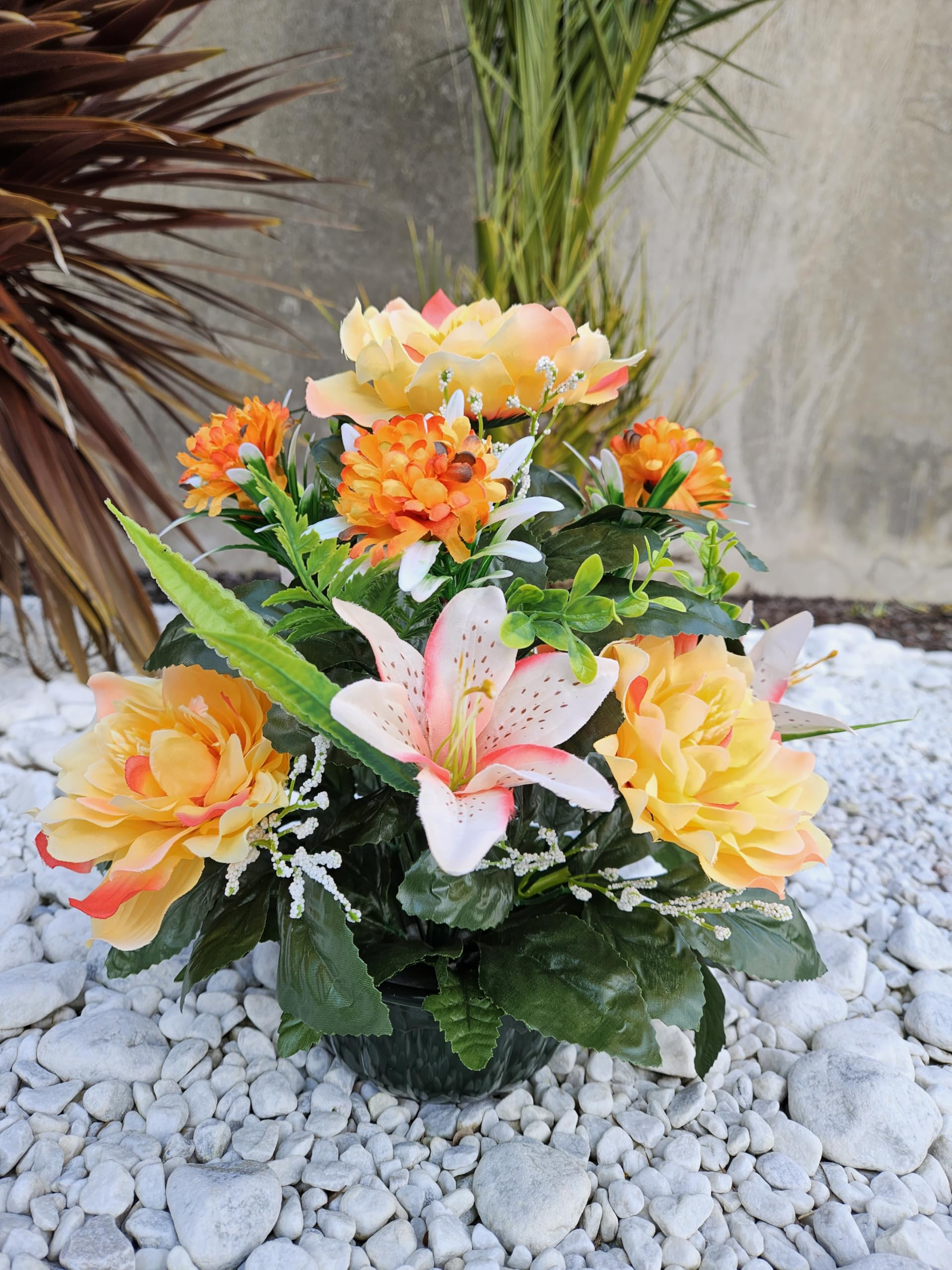 Composition De Fleurs Artificielles Lestée Ciment - 26 Cm De Hauteur, Pot Vide Inclus - Pour Extérieur