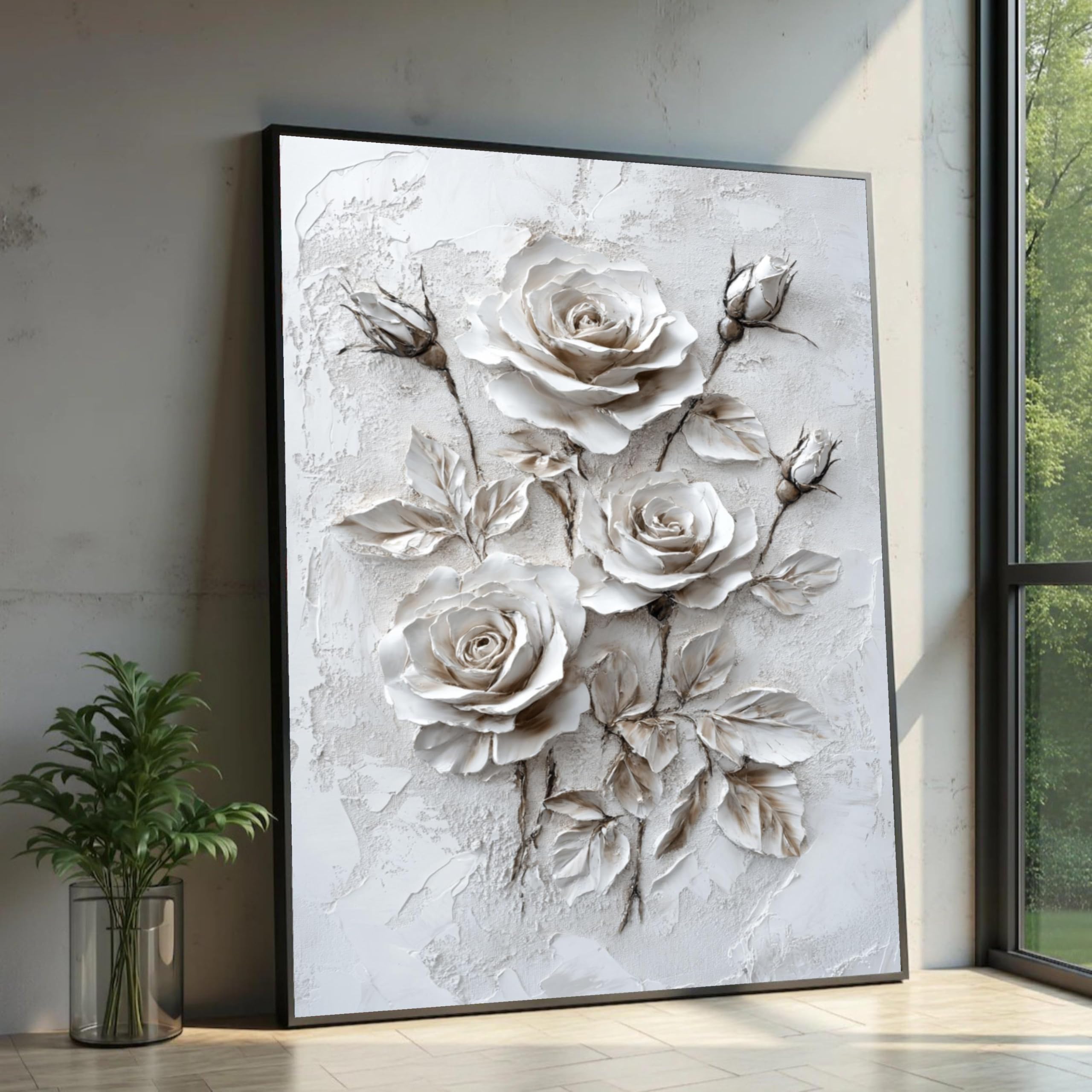 XINBAO White Roses Canvas Art, Neutral Botanical Print, Decor, Large Canvas Wall Art,for Home Wall Decor sized Piece Painting(70x100cm/Inner frame)