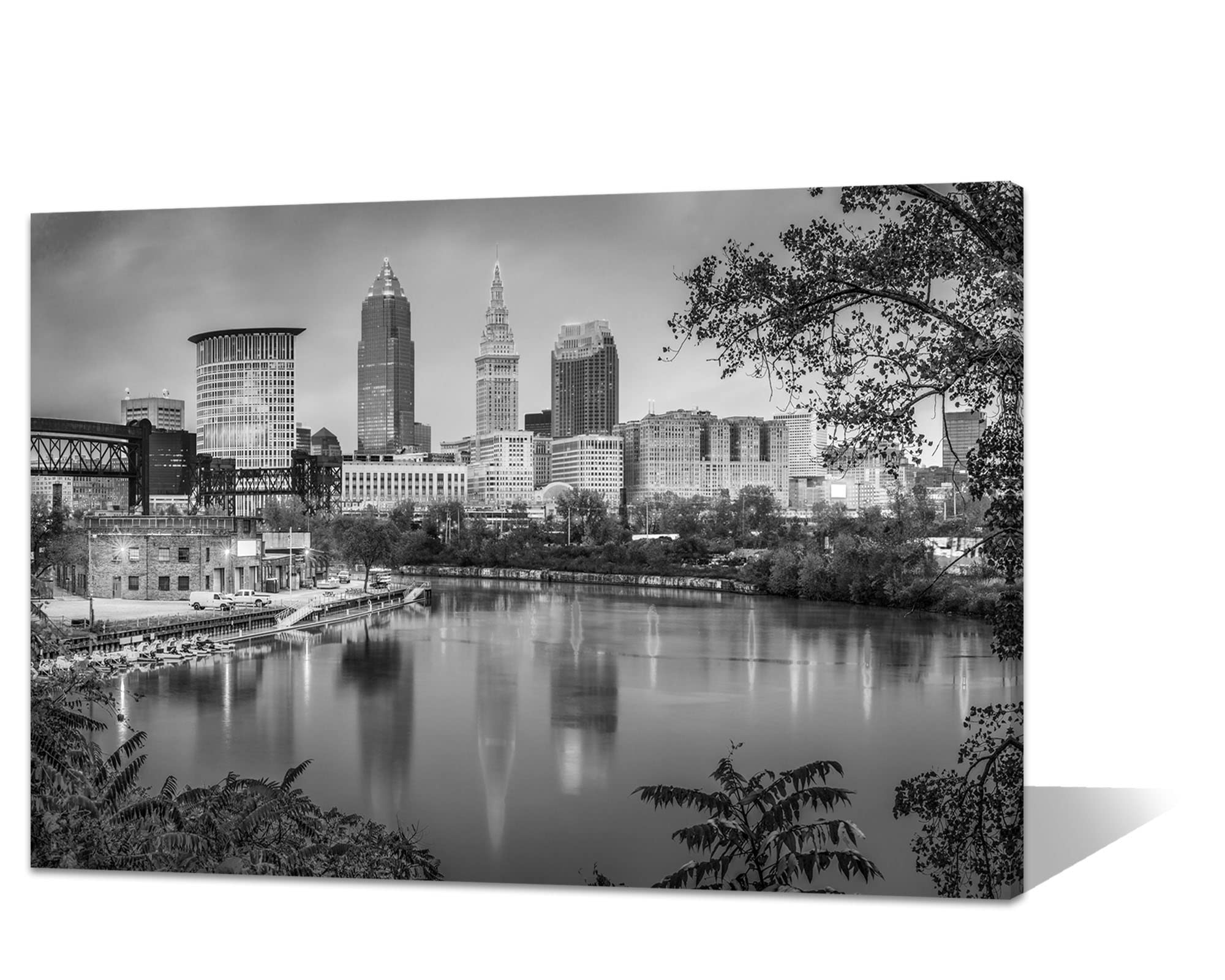 Cleveland Canvas Wall Art, Framed Prints Wall Decor Ohio Cityscape Picture Black and White US City Skyline View Painting Poster Ready to Hang(36x24 inches)