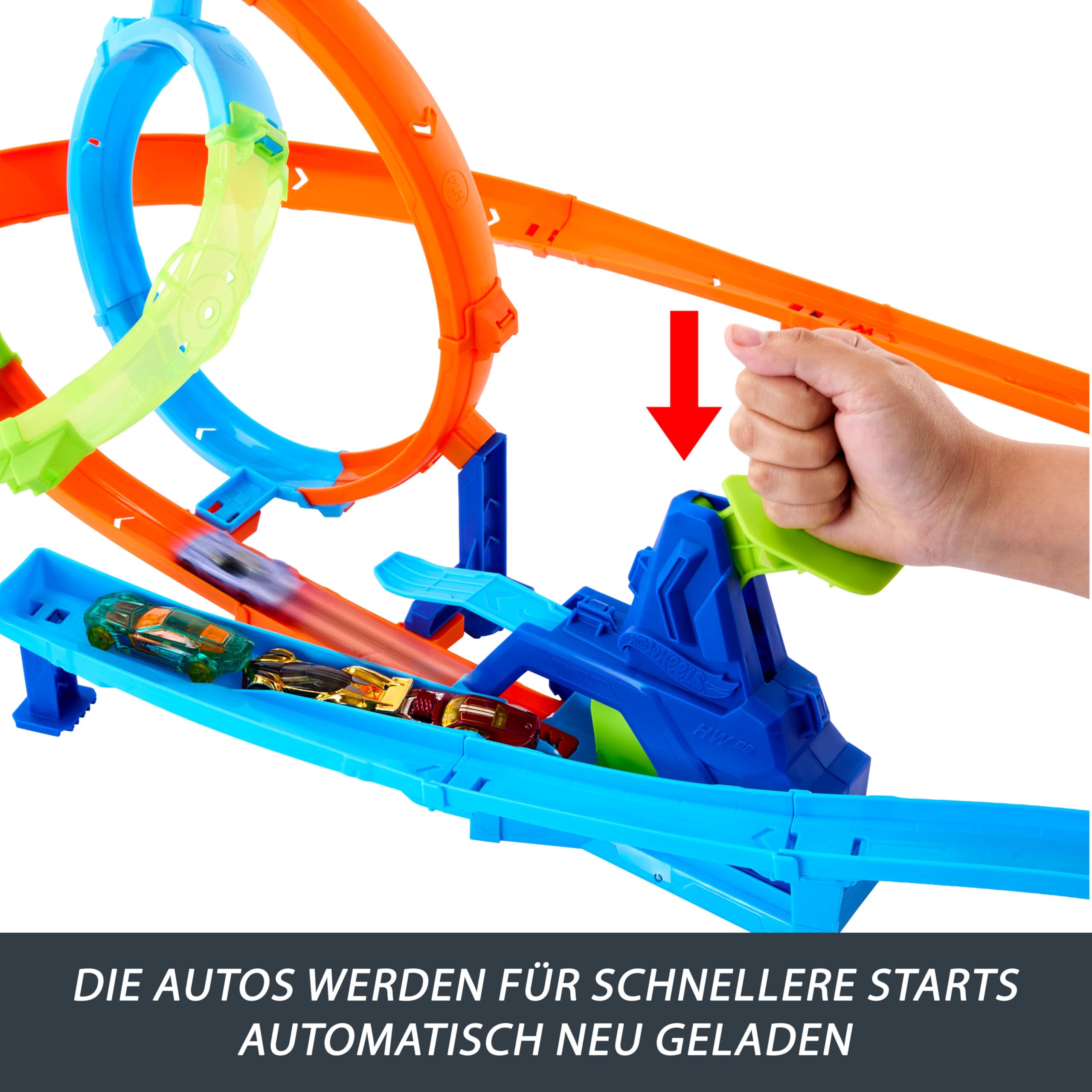 Hot Wheels Stunt Tracks Rapid Cyclone Spielset und 1:64 Auto | Strecken-Set mit 2 Loopings und 2 Crashzonen, inkl. 1 Druckguss-Fahrzeug, Speed Snap Track kompatibel, JHK73