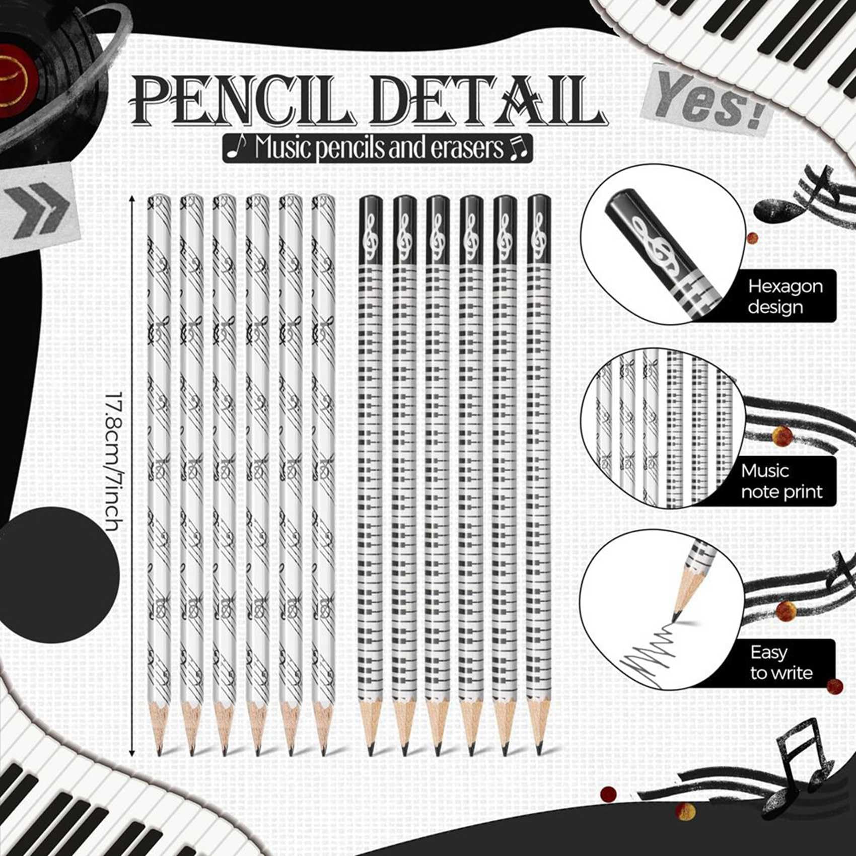 Musikstifte, Musiknoten-Bleistift mit Radiergummis zum Thema Musik, Holzstifte, Großpackung, Tastatur, Lustige Bleistifte, Radiergummis, Geschenk (192 Stück)