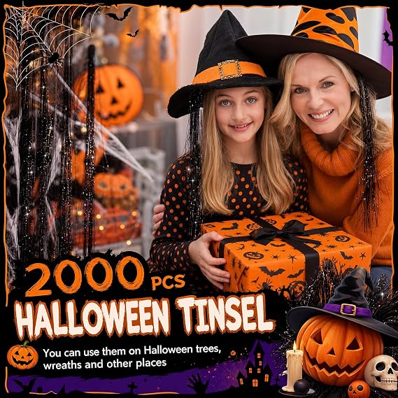 WILLBOND 2000 Strands Halloween Black Tinsel Icicle Halloween Party Decor