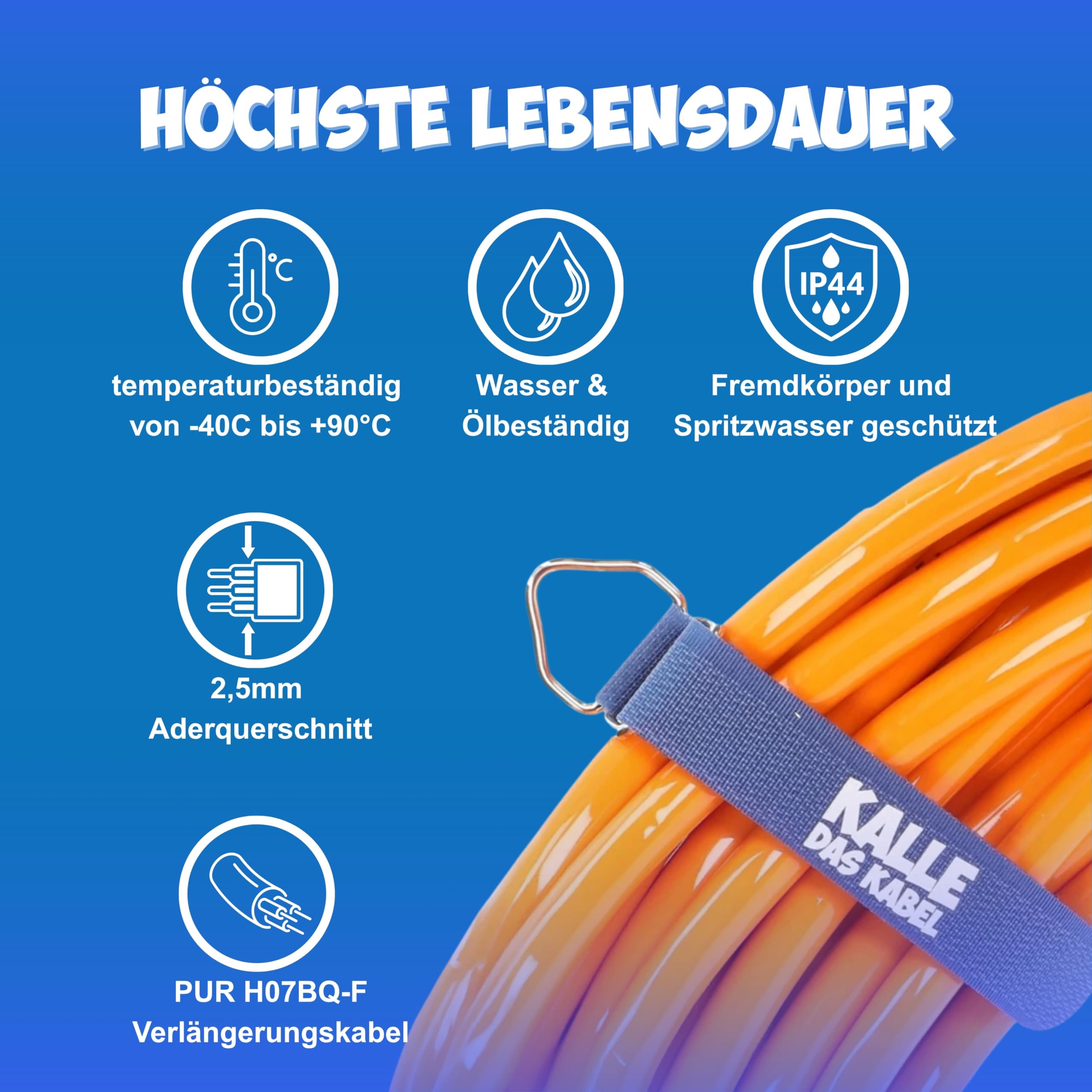 KALLE CEE Verlängerung 2,5mm² Winkel 15 Meter Vollpur-Premium-Leitung Industrie BAU Boot Camping