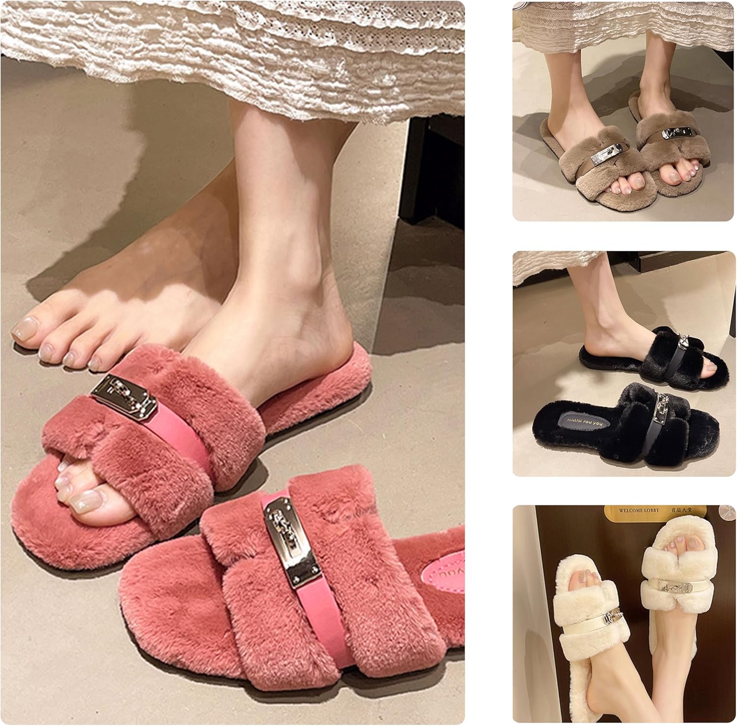 Women's Plush Slippers with Metal Decor - Trendy Fuzzy Fashion Slides, Super Light & Non - slip Sole, Cute for Home & Outdoor - Image 5