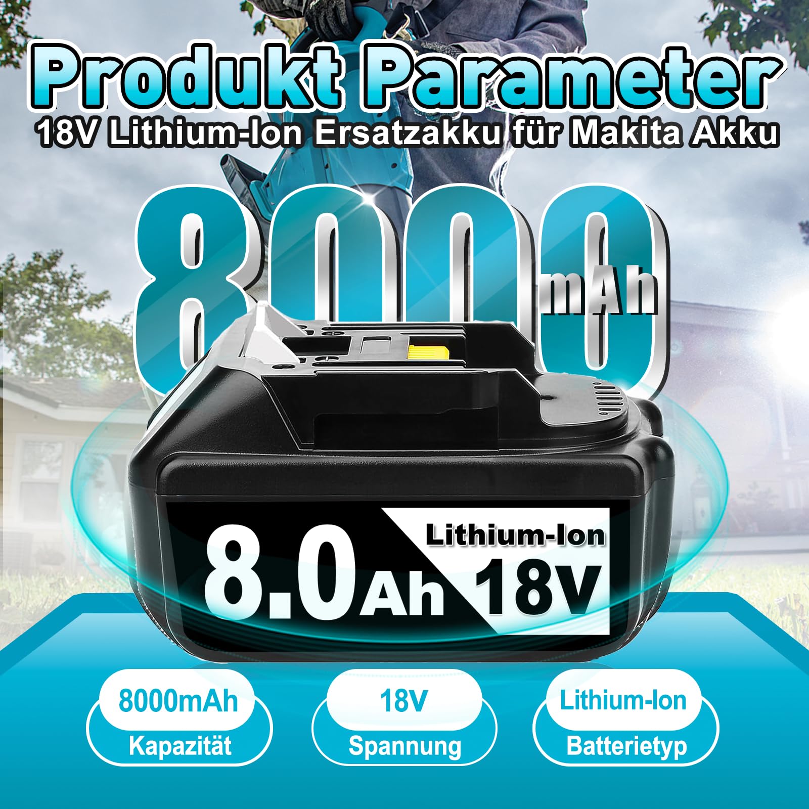 2 Stück 8000mAh 18V Li-ion Akkus Kompatibel mit Makita Akku 18V BL1860B Ersatz für Makita Akku BL1860B BL1850B BL1840 BL1830 BL1815 BL1835 BL1845 BL1850 194205-3 mit LED Indikator (2) - 2