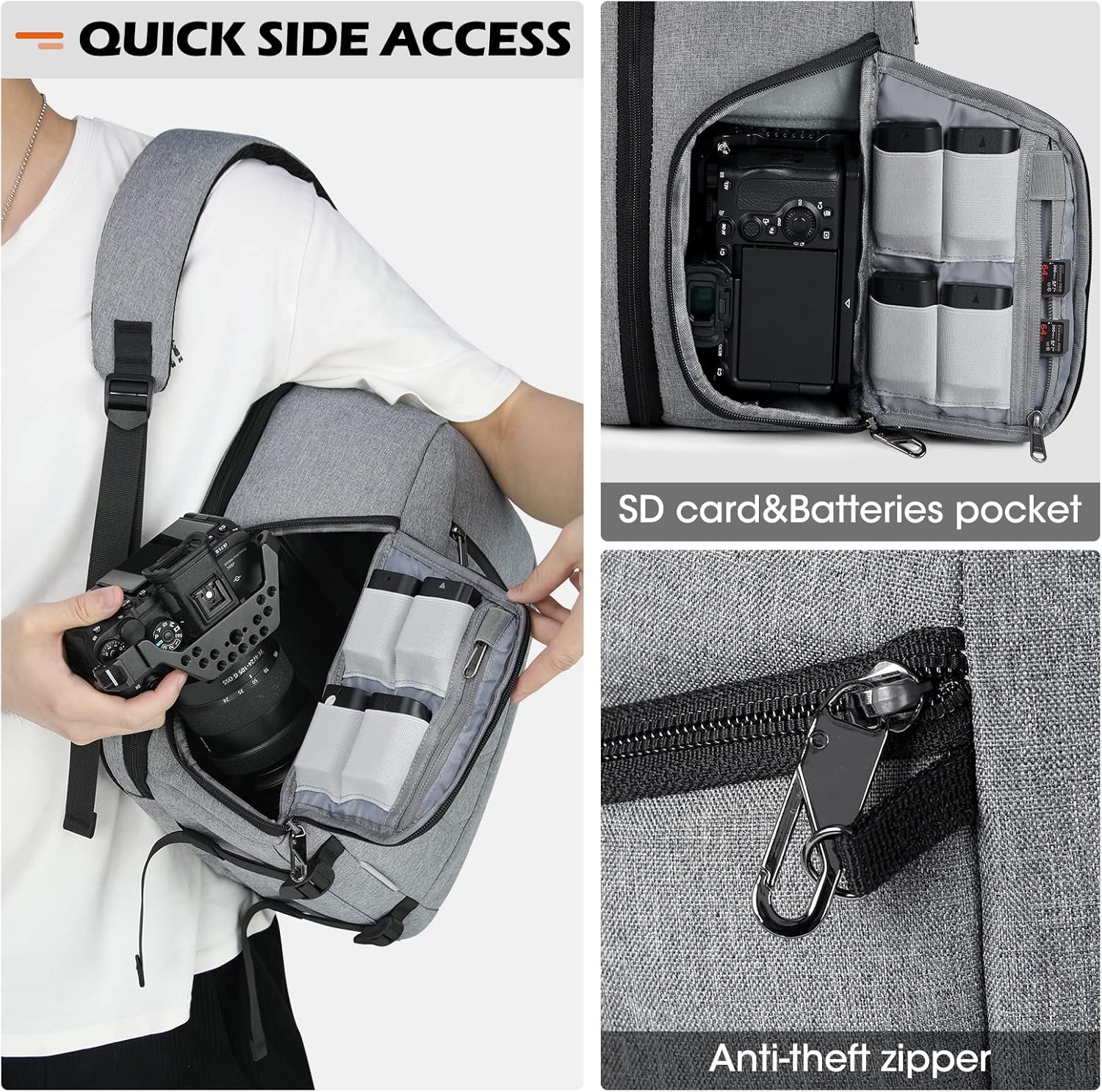 SDYSM Camera Bag Backpack Professional for DSLR SLR Mirrorless Camera Waterproof Laptop Back Pack 14 Inch with Rain Cover Anti Theft Travel Case Large Capacity Photography Backpack Grey - Image 3