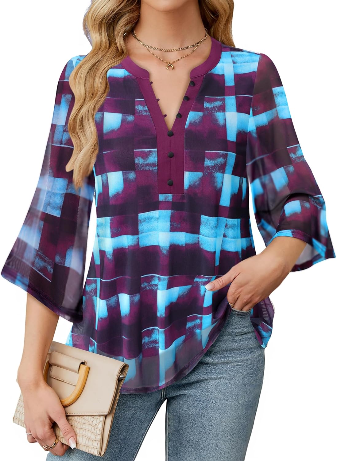 VALOLIA Womens Tops 3/4 Sleeve Sparkly Blouses Dressy Casual Elegant Flowy Double Layers Mesh Shirts - Image 3