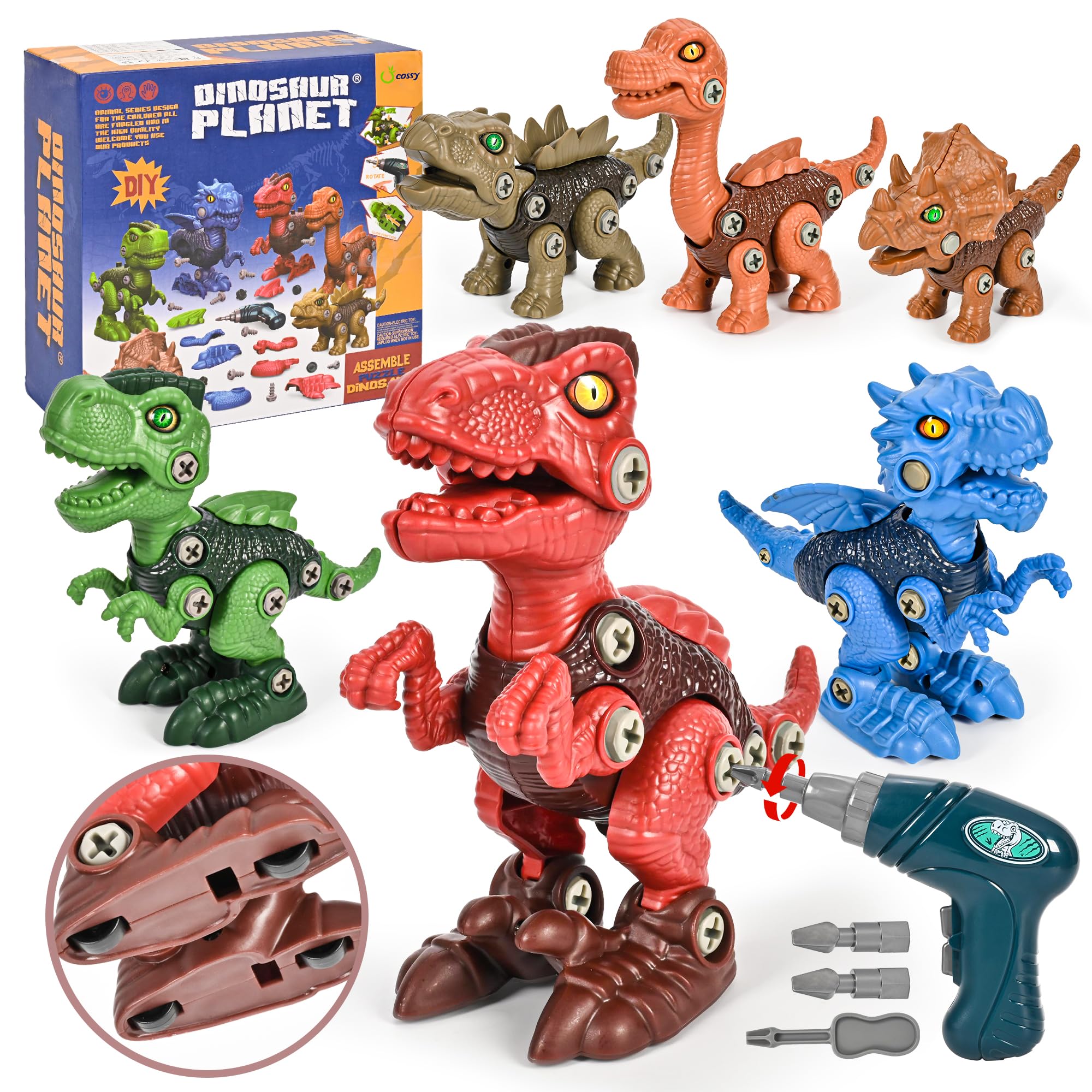 cossy Dinosaur Toys for Boys, Take Apart Dinosaur Toys for Kids Slideable, DIY Construction Buliding Set with Electric Drill, STEM Educational Gift for Boys Girls, 6 Pack