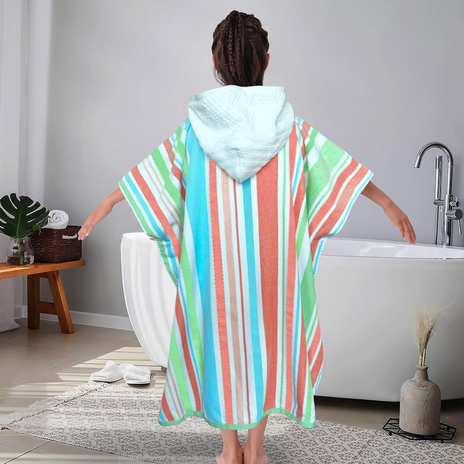 VOOVA & MOVAS Hooded Beach Towels for Boys| Girls | Teenagers (8-16Years), 100% Cotton Thick Poncho Towel for Kids, Perfect for Pool, Beach, Bath and Gifts,Green Red Stripe - Image 5