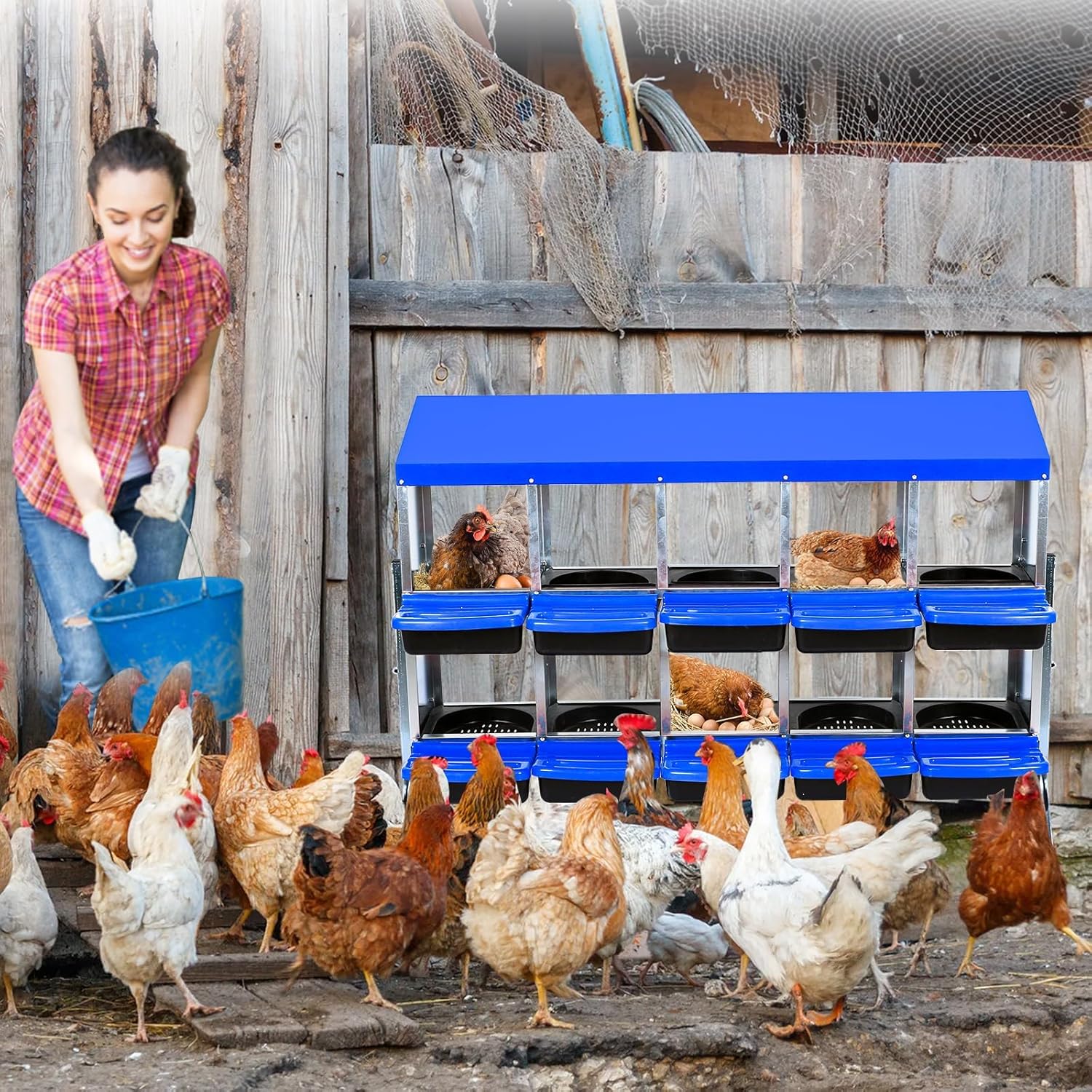 10-Hole Metal Chicken Nesting Box with Roll-Away Egg Design - Features Removable Tray & Ventilation Holes for Easy Cleaning - 2 Mounting Options for Backyard Coops