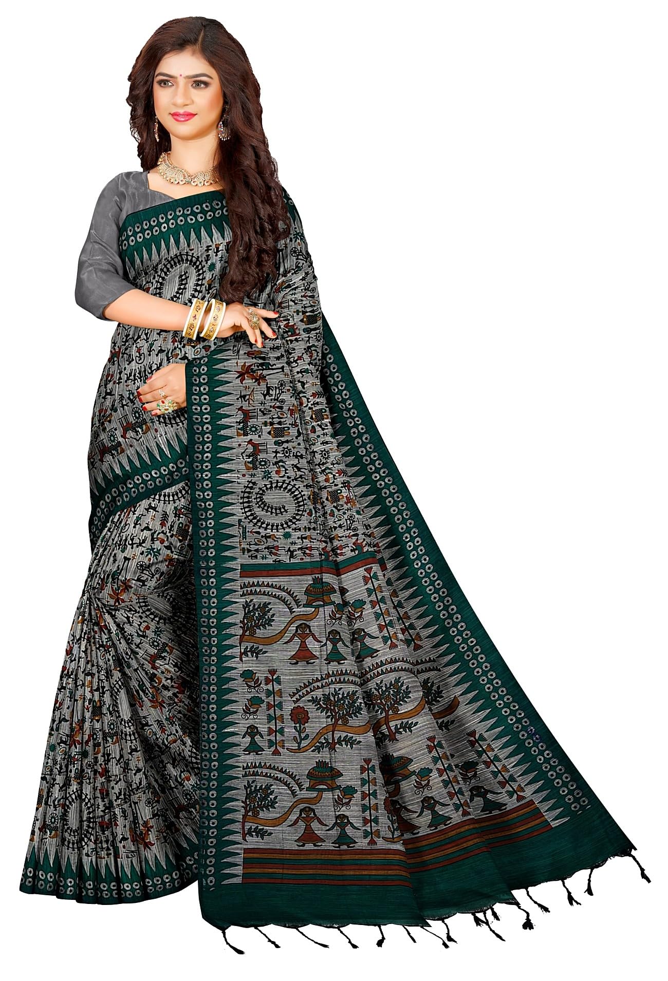 quetzal handloom saree Quetzal Women’s Grey Pure Cotton Sambalpuri Madhubani Print Saree with Unstitched Blouse – Soft Lightweight Saree for Daily & Office Wear-picture-10