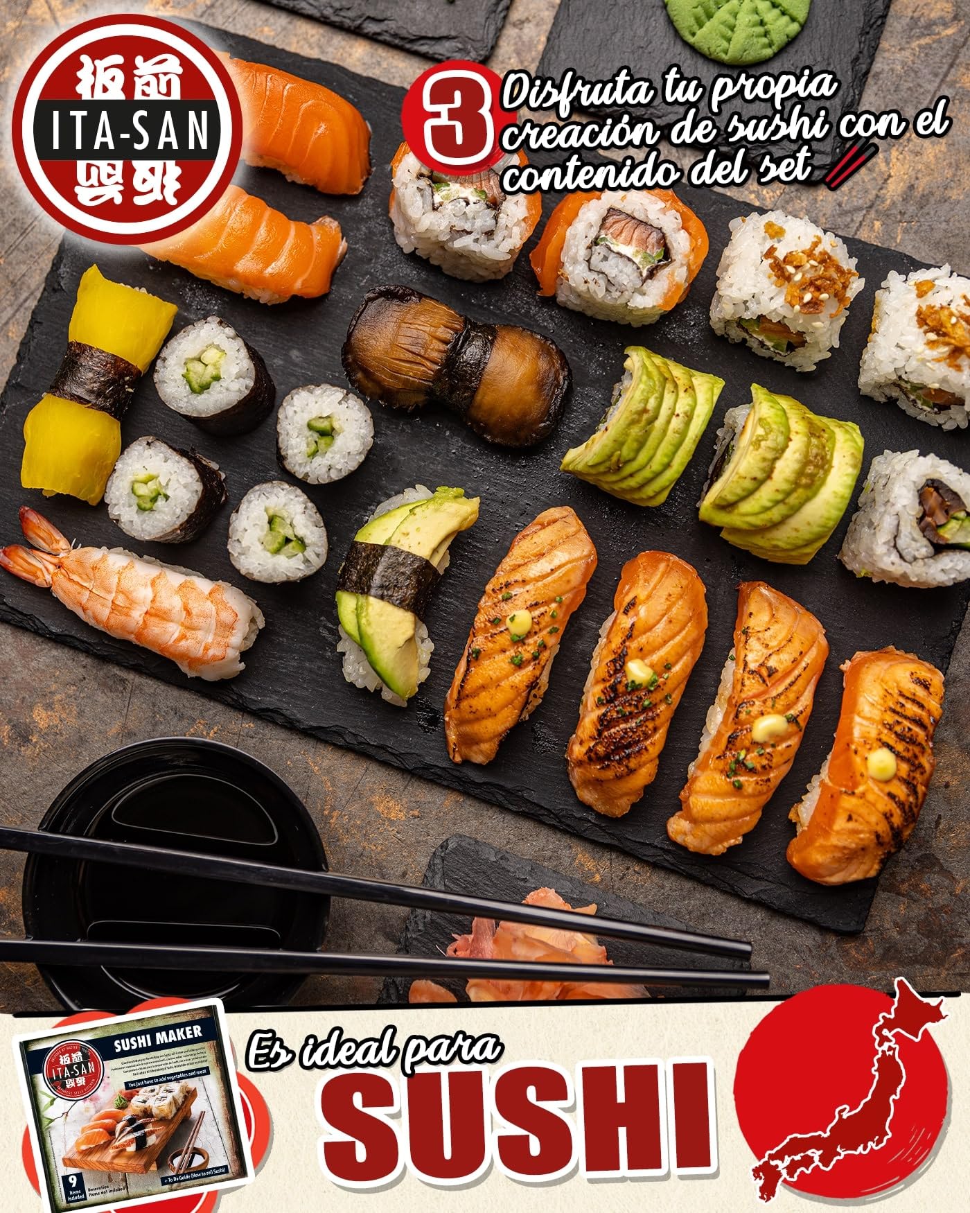 ITA-SAN Set de sushi, kit completo para hacer sushi de 9 piezas, ideal para probar o para regalar, para nigiri y sushi rolls, 1 unidad