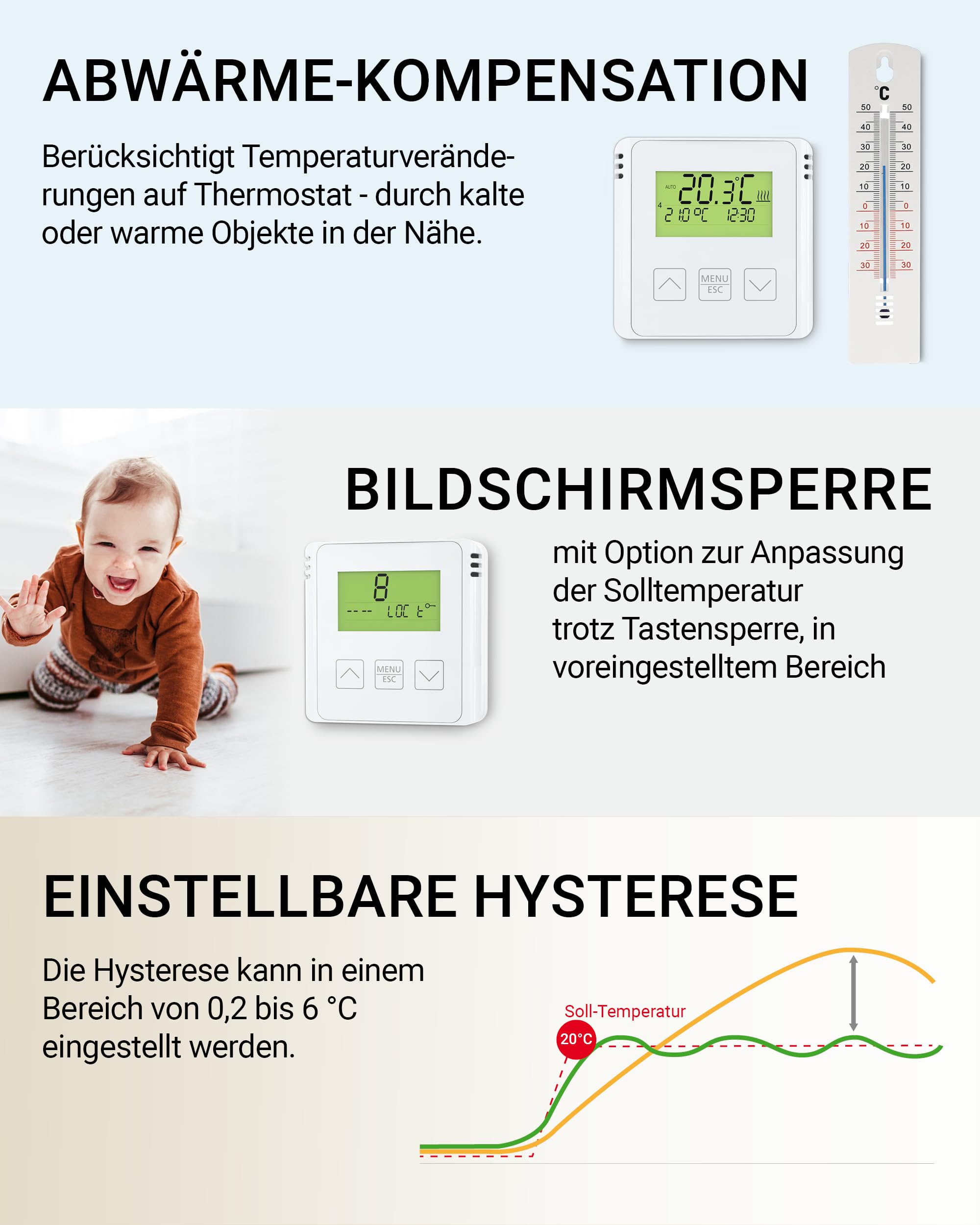 ELEKTROBOCK BT733 Funk-Raumthermostat mit Zwischensteckdose - 35 m Reichweite - Für elektrische Heizung und Infrarotheizung - Wochenprogramme - Frostschutz, Weiß