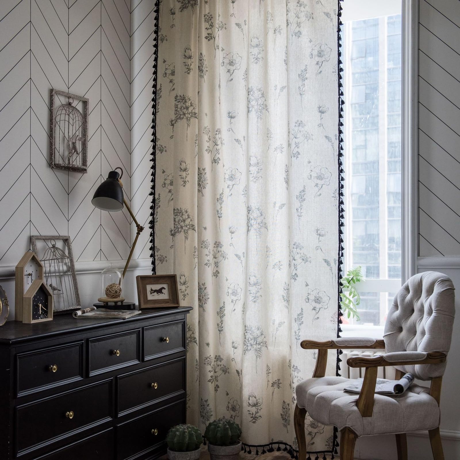 Rideaux en coton lin texturé beige gris avec crochets haut de gamme