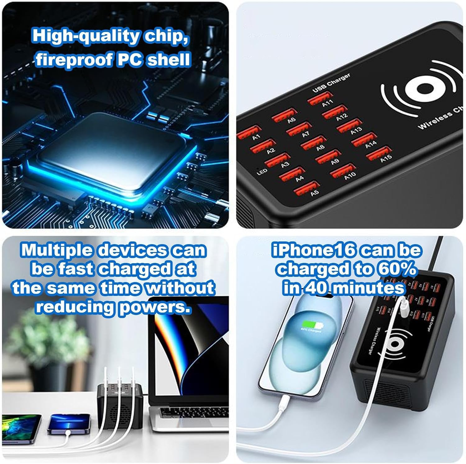 USB充電ステーション | 15ポート 100W 急速充電 対応 - ノートパソコン用 USB 充電ブロック 複数ポート 搭載 -