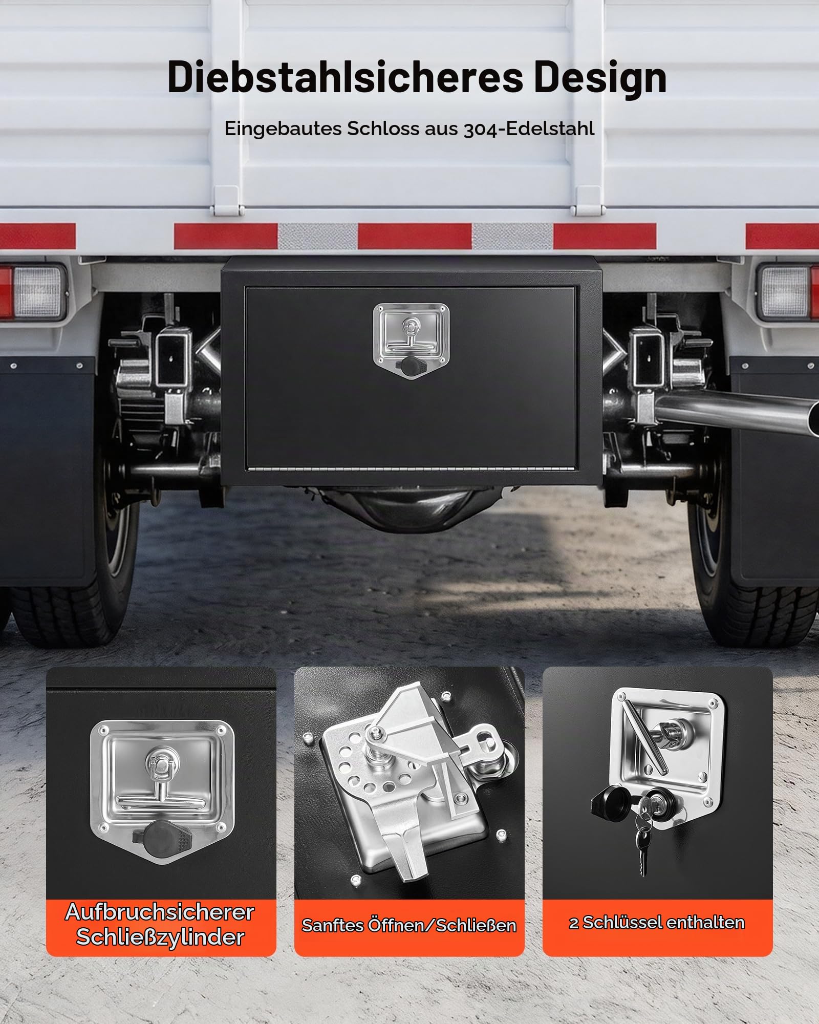 VEVOR Lkw Unterbaubox 609 x 305 x 356 mm Unterflur Staukasten Kaltgewalzter Stahl Wasserdichter Werkzeugkasten mit T-Griff Schloss für Lkw Anhänger Transporter Werkzeugkiste Unterflurkasten Schwarz