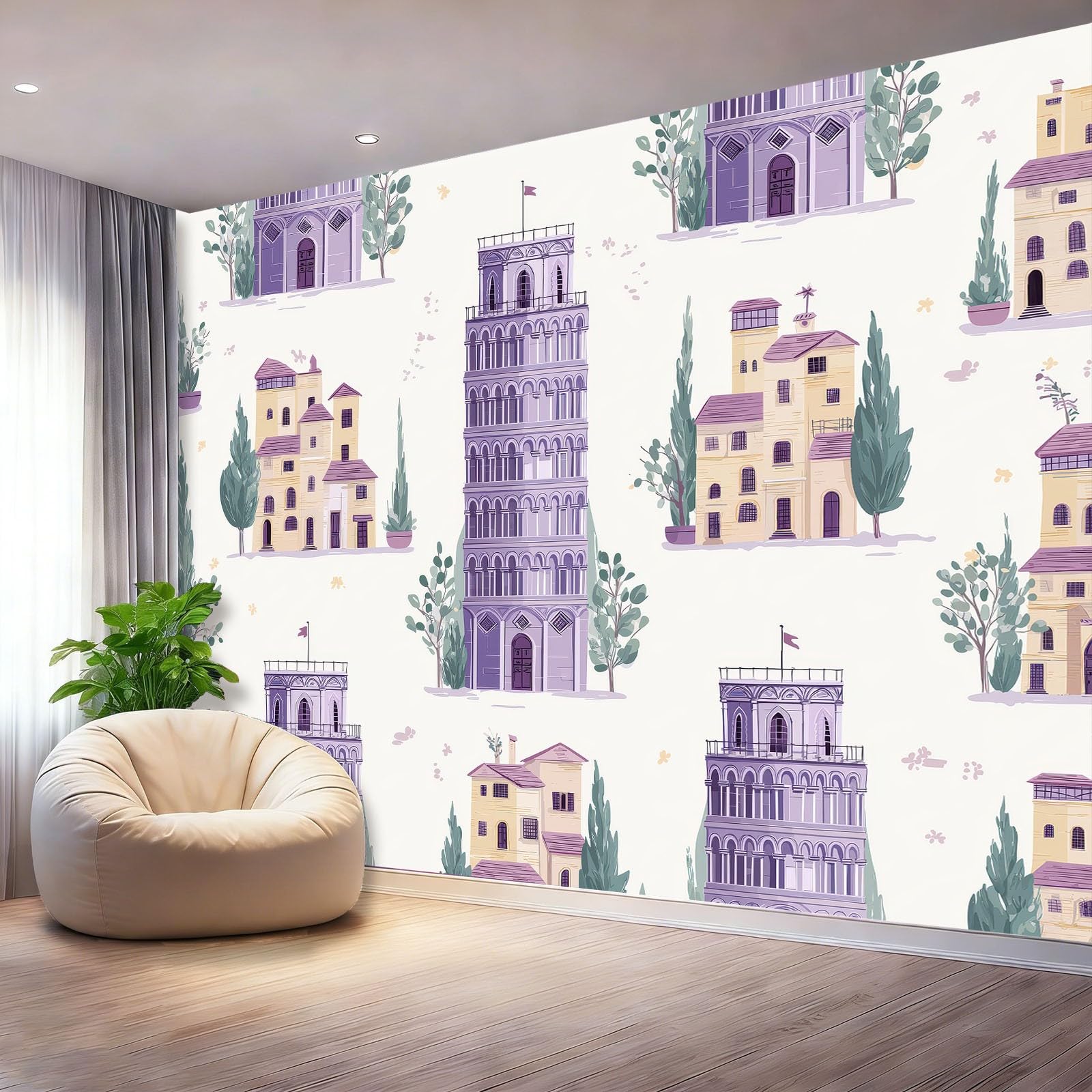 Fototapeta 350 x 256 cm ściany dekoracja salonu projekt akwarela budynki miejskie drzewo domy do sypialni salon tapeta z włókniny, fioletowy