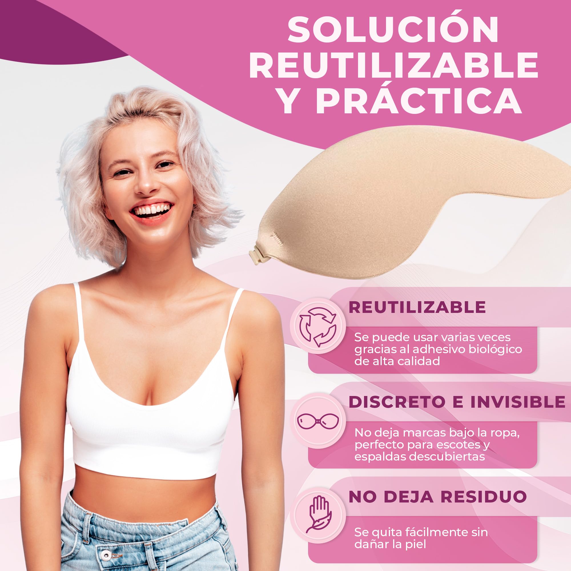 Sujetador Invisible Push Up Adhesivo Hipoalergénico Reutilizable Realce Natural Beige y Negro