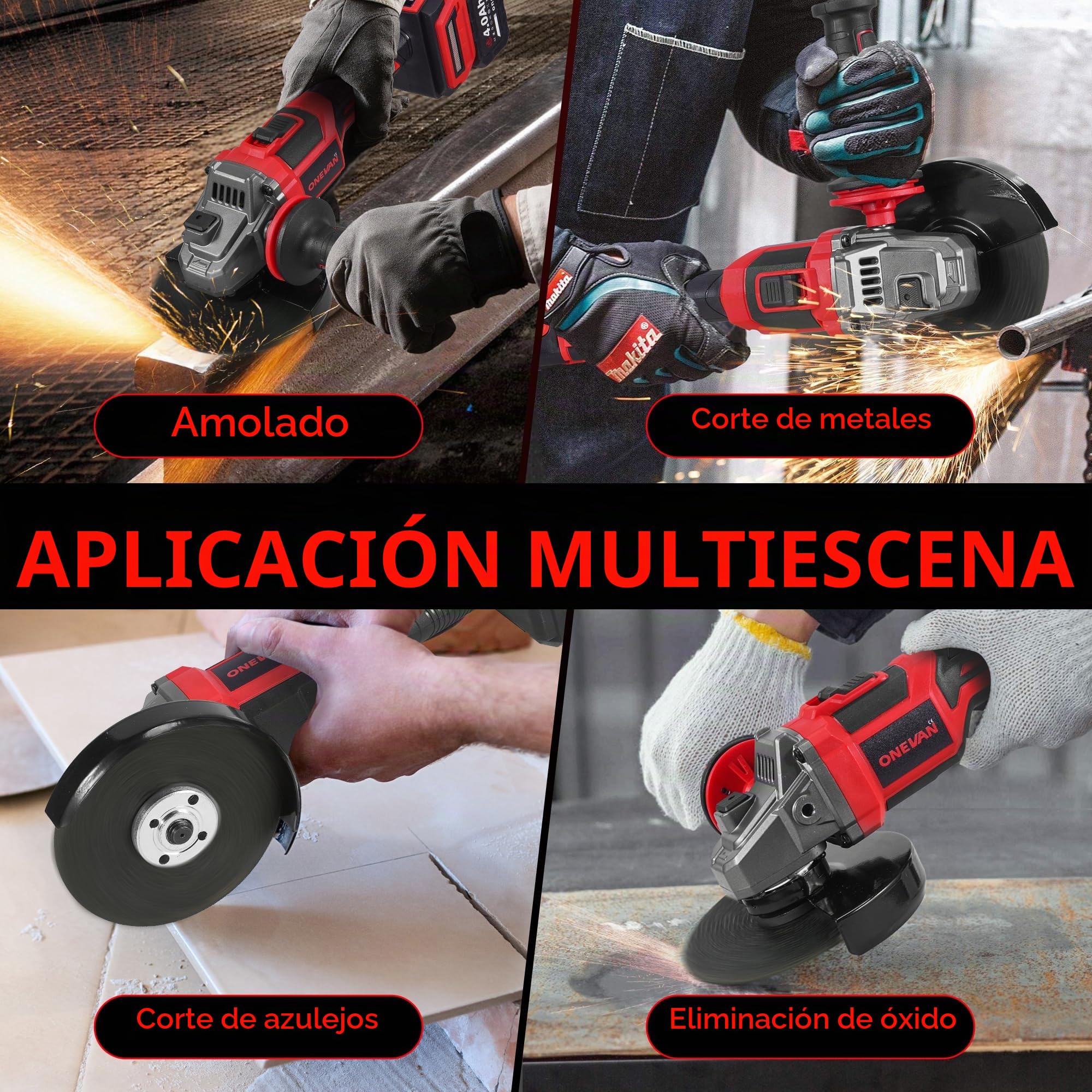 ONEVAN Amoladora Angular Inalámbrica 125mm 20V, Motor Sin Escobillas 8000 RPM con 2 Baterías 4.0Ah, Amoladora con Tapa de Bloqueo Rápido y Mango Antivibración Profesional
