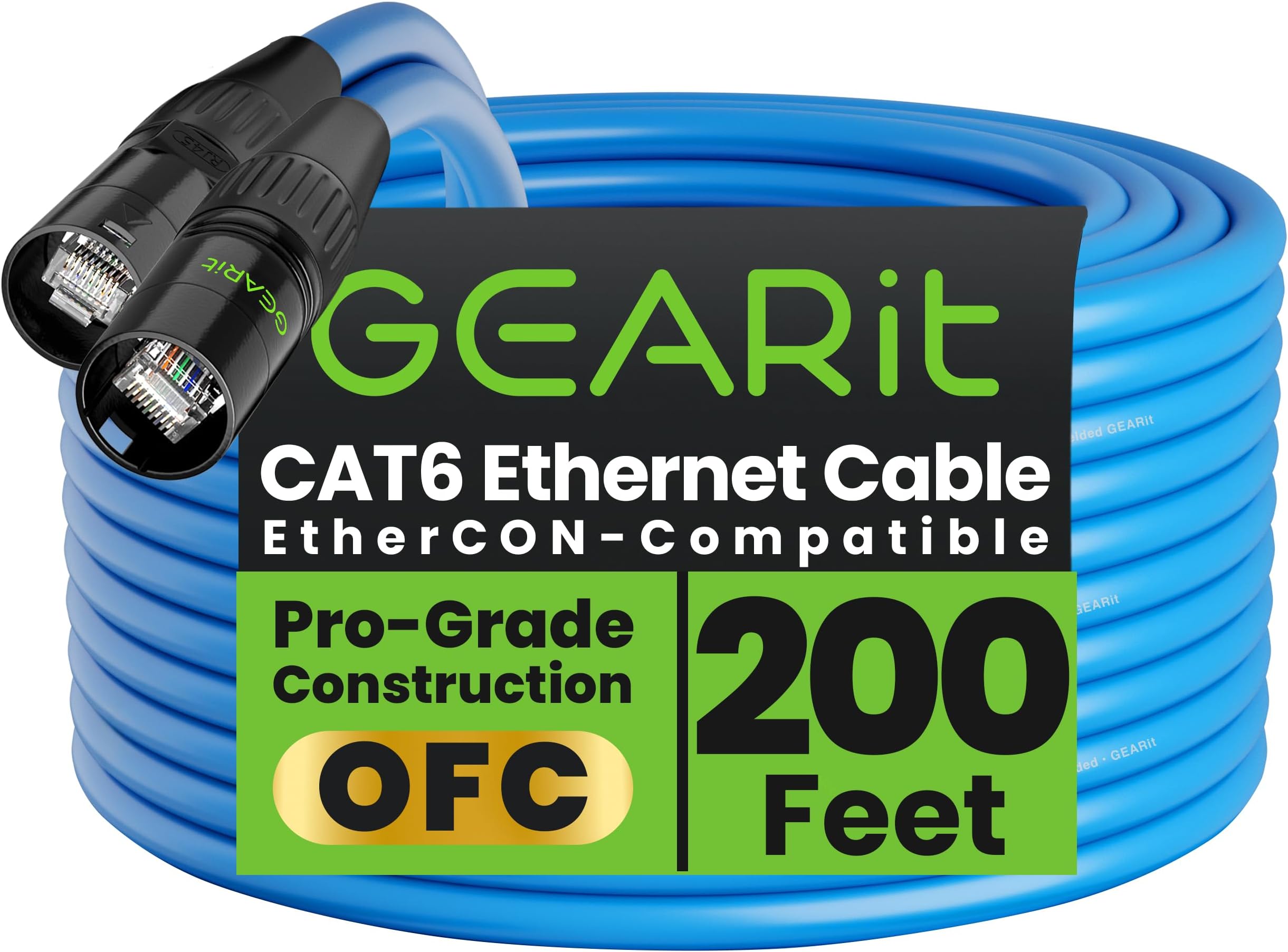 GEARit Shielded CAT6 Ethercon Cable (200 Feet) Professional Audio & Lighting RJ45 EtherCON-Compatible Cable for Studio, Stage, Concerts - 200ft Blue