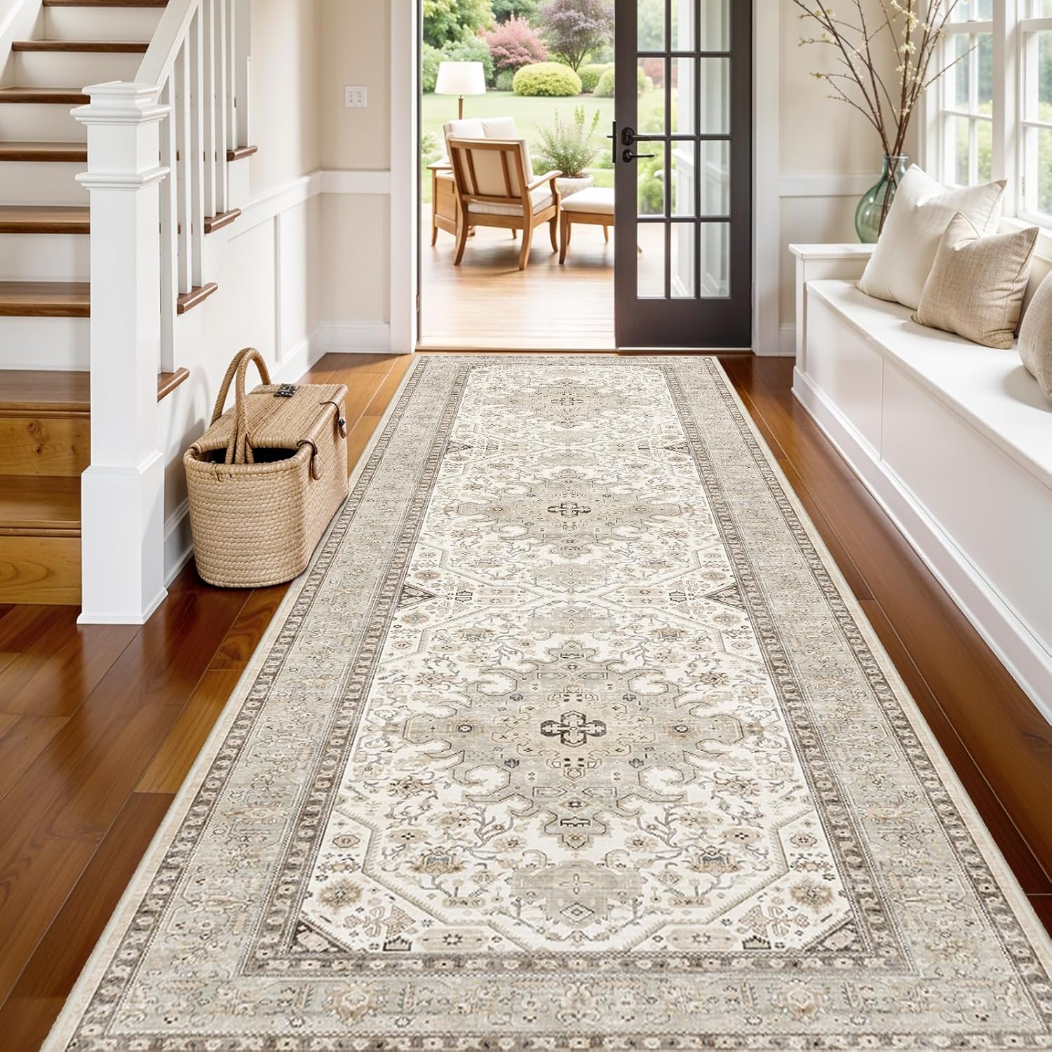 3x12 Runner Rug Hallway - Non Slip Washable Runners Soft Low Pile Long Rugs Oriental Neutral Hall Carpets Ultra Thin Indoor Farmhouse Floor Mat Stain Resistant Waterproof Throw Rug - 3x12 Ivory
