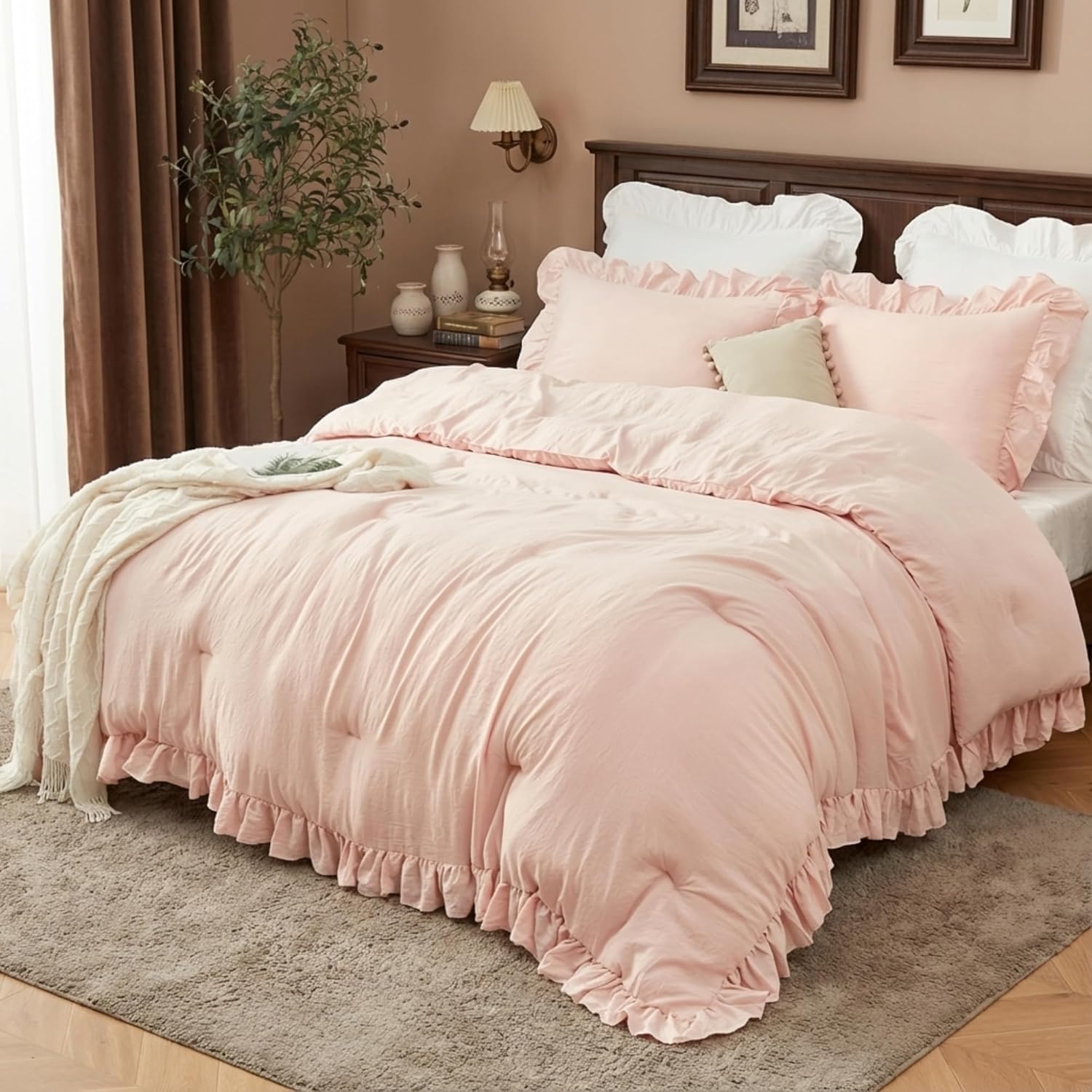 CAROMIO Pink Ruffled Comforter Set Queen Size, 3PCS Soft Washed Microfiber Lightweight & Fluffy All-Season Bedding Comforter with Vintage French Country Style, Pink, 90x90 in