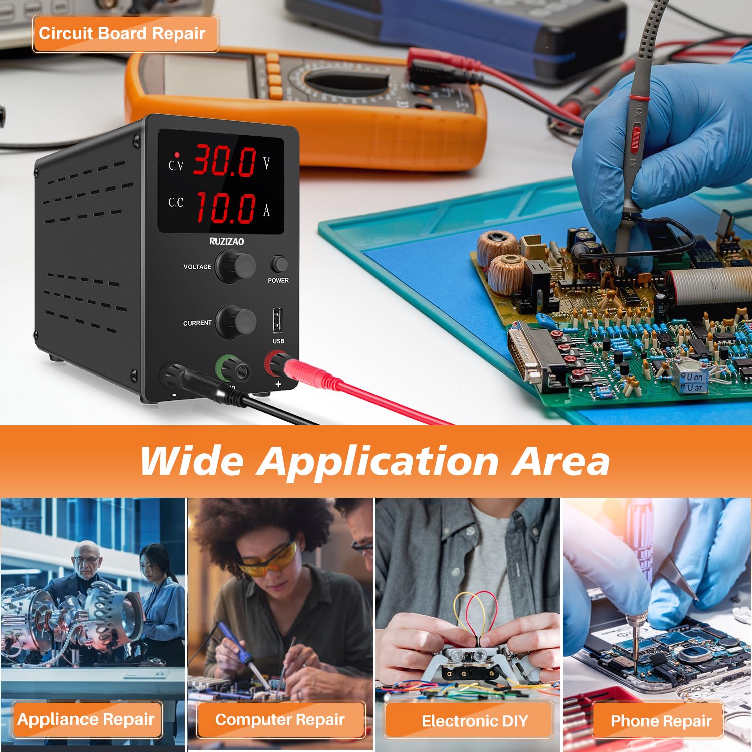 Alimentation de Laboratoire 30V 10A, Alimentation Reglable Stabilisée avec Encodeur et Affichage LED à 3 Chiffre, Alimentation Laboratoire Réglable avec Port USB 5V/2A Alimentation CC Réglable