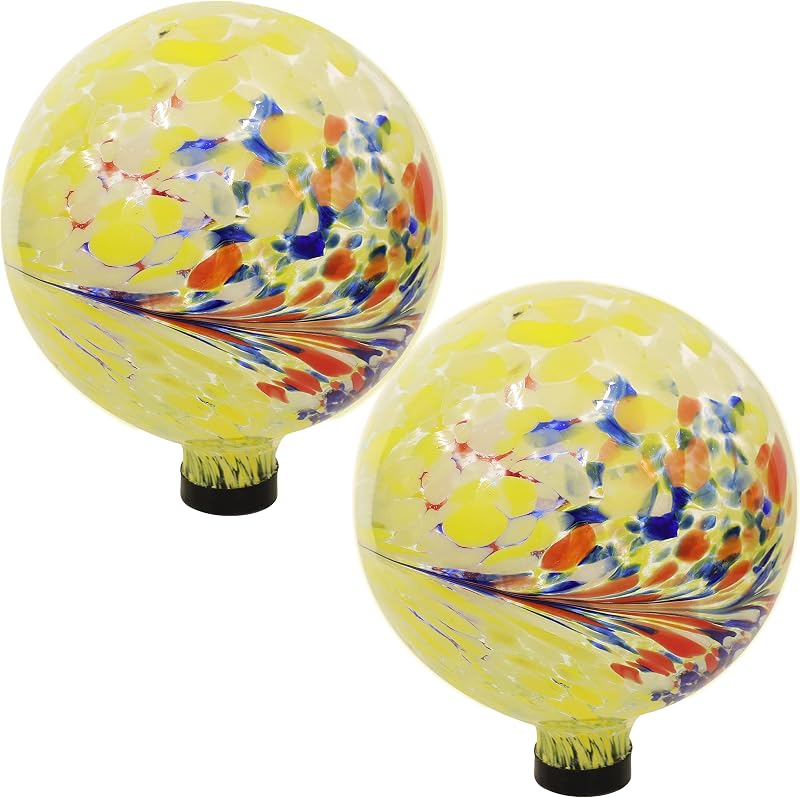 Sunnydaze 10" Glass Gazing Ball for Garden, Globe for Outdoor Display | Bright Summer Burst, 2pk, Swirl Design, Water-Resistant Handblown Sphere Fits Most Stands, Decorative Garden Ball for Outside