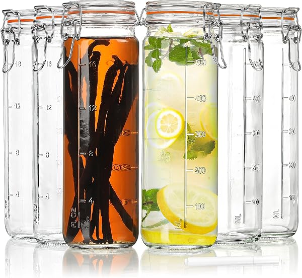 [Upgraded] 20 oz Glass Jars with Airtight Lids for Vanilla Extract, 6 Pack Glass Juice Bottles with 2 Measurement Marks,