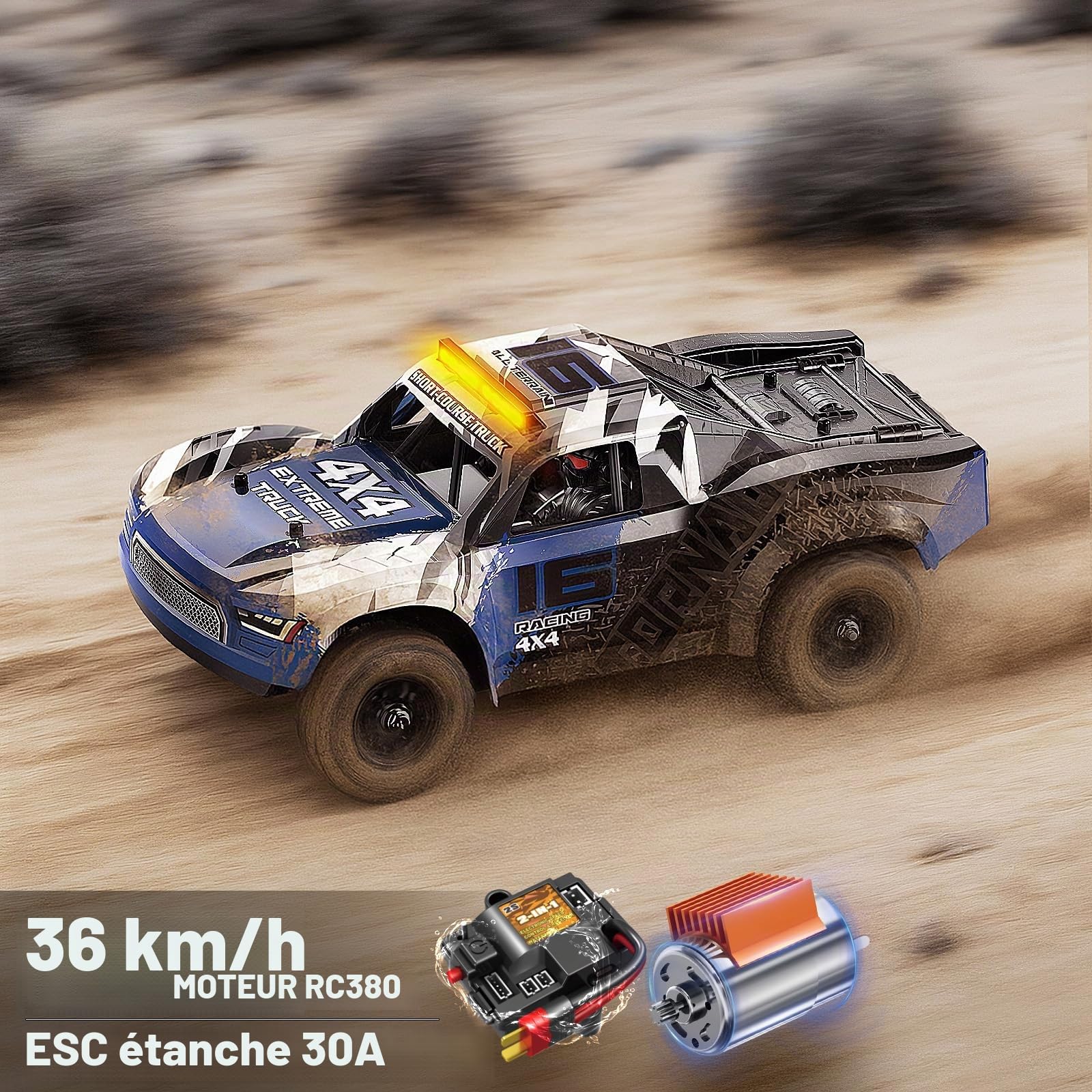 Voiture télécommandée 1:16, 2,4GHz Rapide 36 km/h, Véhicule Électrique Tout Terrain 4WD Résistant à l’Eau avec Doubles Batteries, Pneus Drift & Tout-Terrain, Transmission Métal et Éclairage LED