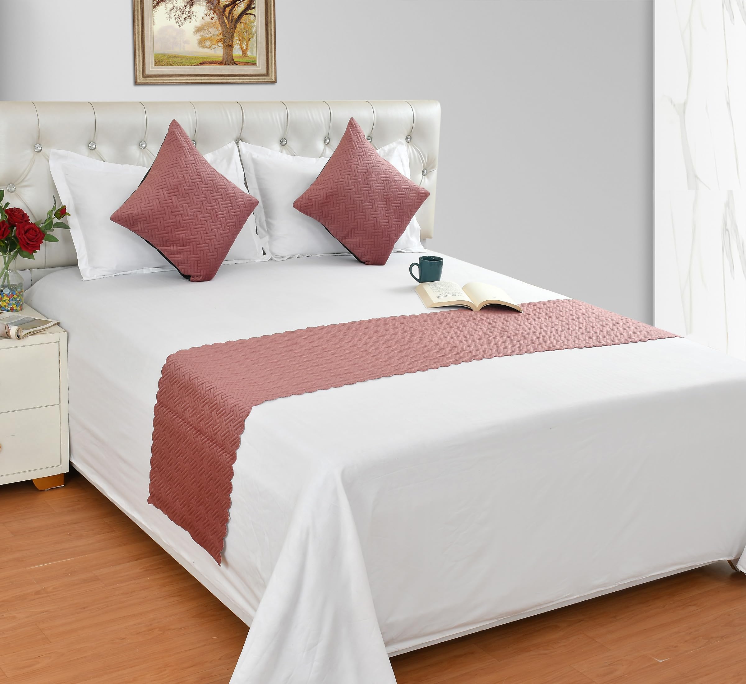 Ultrasonic Quilted Velvet Bed Runner Scarf with Cushion Covers for Double Bed, King Size Bed (Runner: 18x90, Cushion Cover: 16x16) (Pink)-picture-32