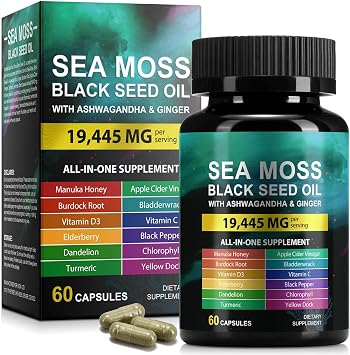 Sea Moss Black Seed Oil Capsules with Ashwagandha Ginger Turmeric Burdock Root Bladderwrack, Daily Wellness Supplement for Energy Balance Digestive Support,Easy-to-Swallow 60,Capsules