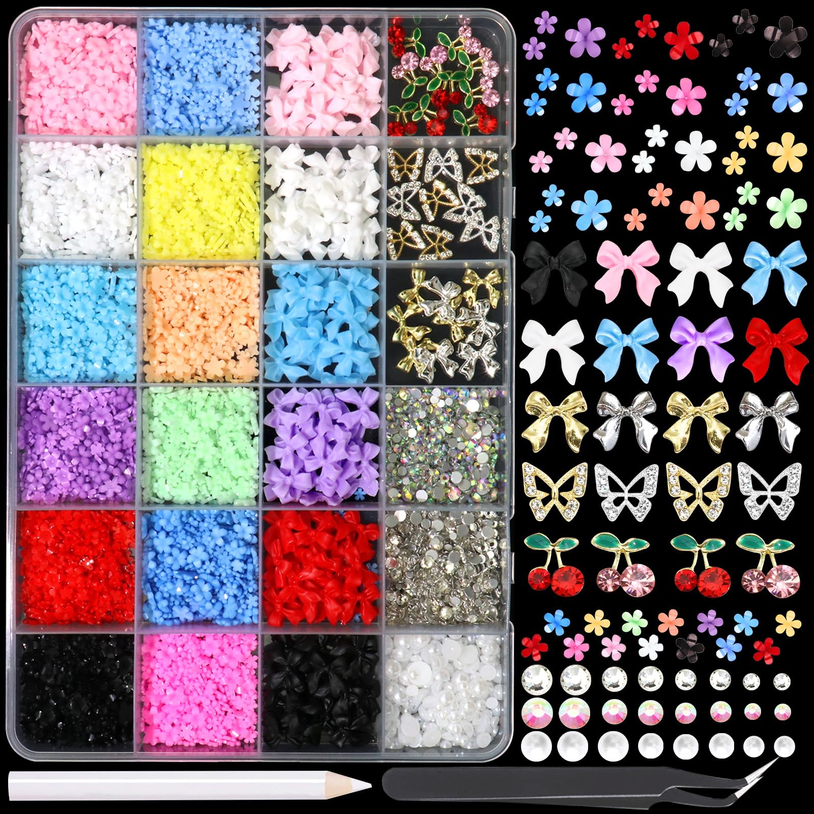 BELICEY 3D Nail Charms Set, Mix Color Flower Bow Nail Art Charms, Half Round Pearls Flatback Gems AB Rhinestones, Alloy Cherry Butterfly Charms for