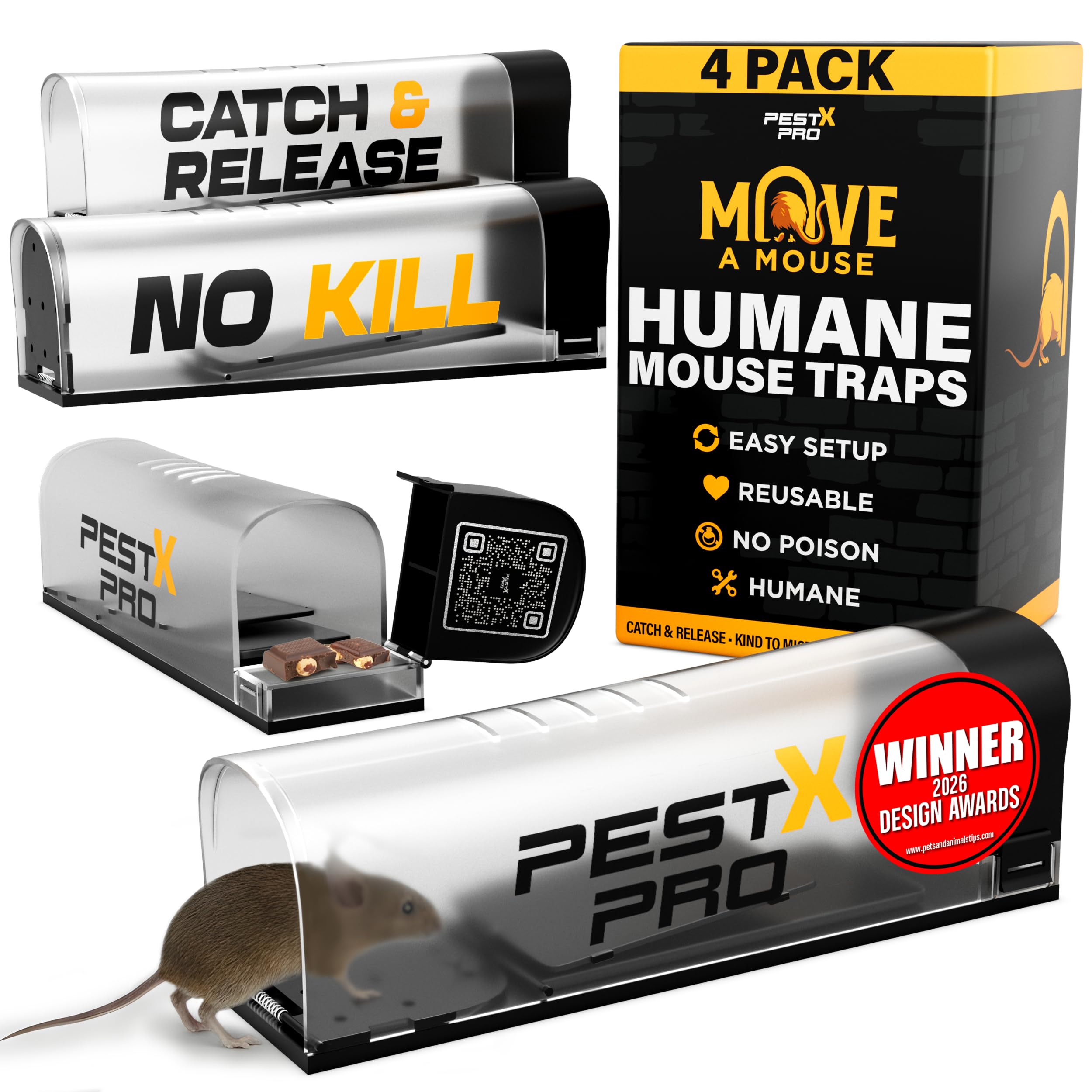 Pest X Pro Move-A-Mouse Humane Mouse Traps [4 Pack] - Longer No-Kill Mouse Trap with Safe Upward Door - Easy Setup, Reusable, Indoor & Outdoor Humane Mouse Traps for Mice — image 1