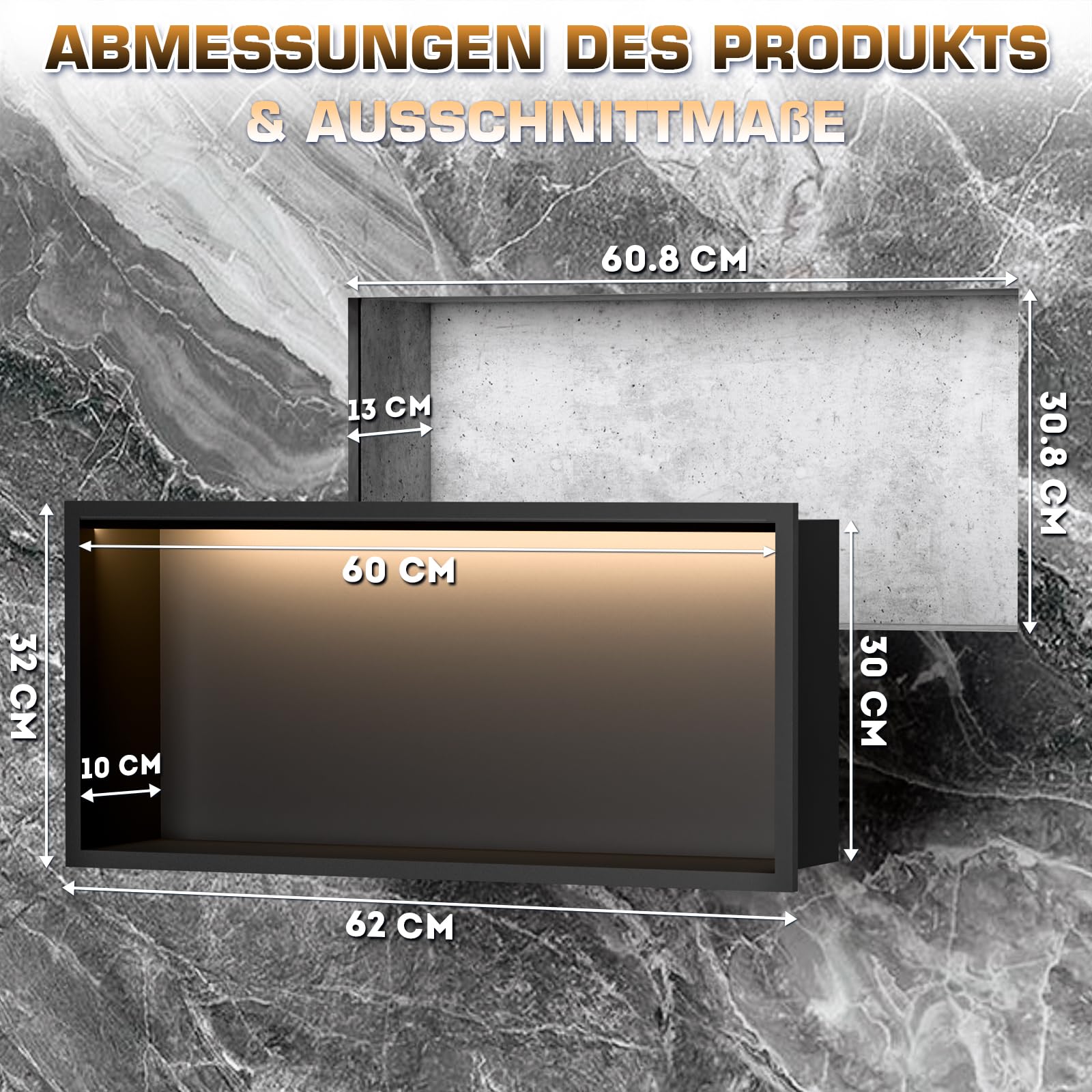 Ducha de 60 x 30 cm, nicho de pared de acero inoxidable 304, nicho de ducha empotrado con iluminación LED y transformador, resistente al agua, nicho de pared, ducha, estante individual, almacenamiento