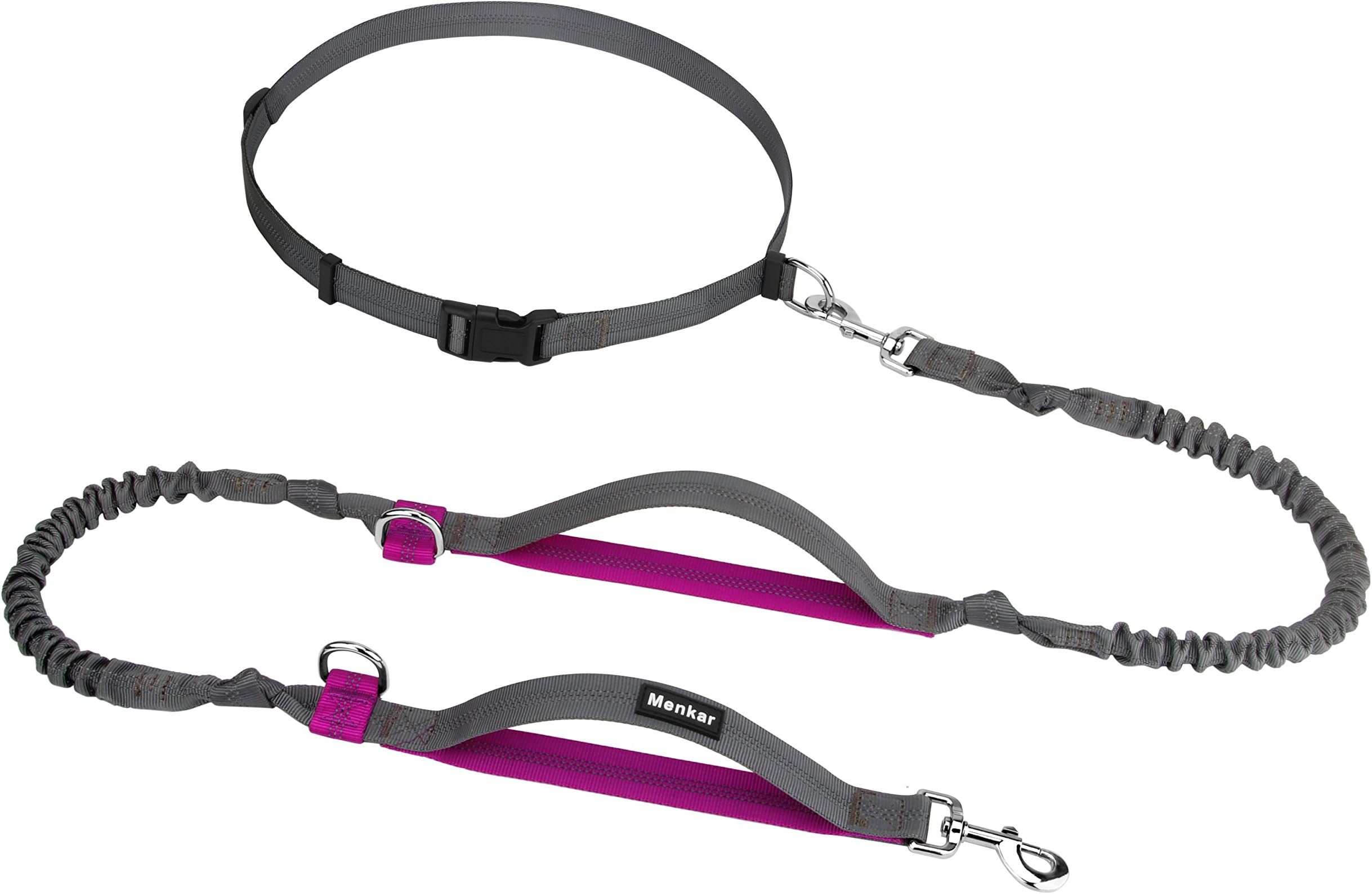 Hands Free Dog Leash, Running Leash, Adjustable Waist Belt, Dual Bungees, Dual Handles for Medium Large XL Dog up to 150 lbs Dogs, Grey with Purple