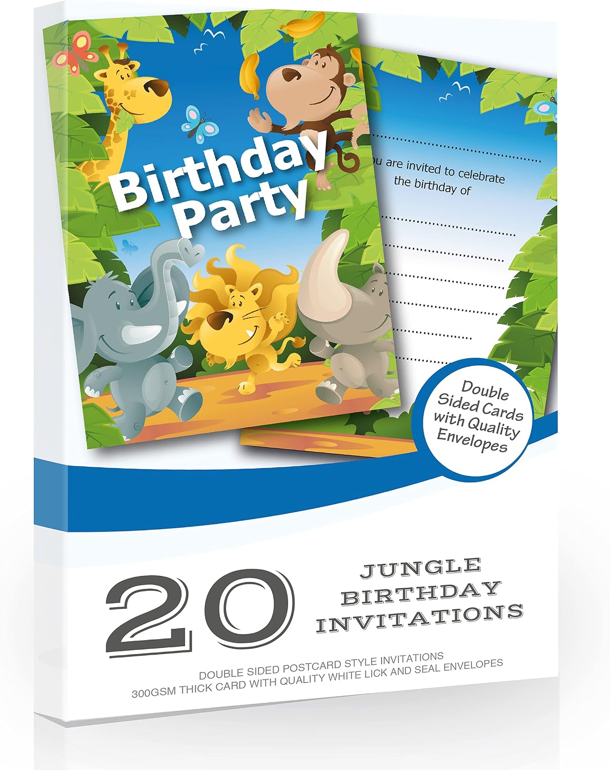 Olivia Samuel 20 x Jungle Themed Animal Birthday Party Invitations from Ready to Write with Envelopes, Blue / Green, 105mm x 148mm
