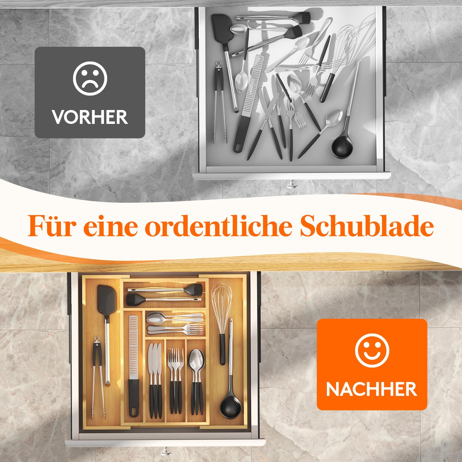 Lifewit Besteckkasten für Schubladen, Tiefe 47 cm, Ausziehbarer Besteckeinsatz Breite bis zu 50 cm, Küchenschubladeneinsatz Schubladen Organizer, Bambus Besteckhalter für Löffel/Gabeln/Messer