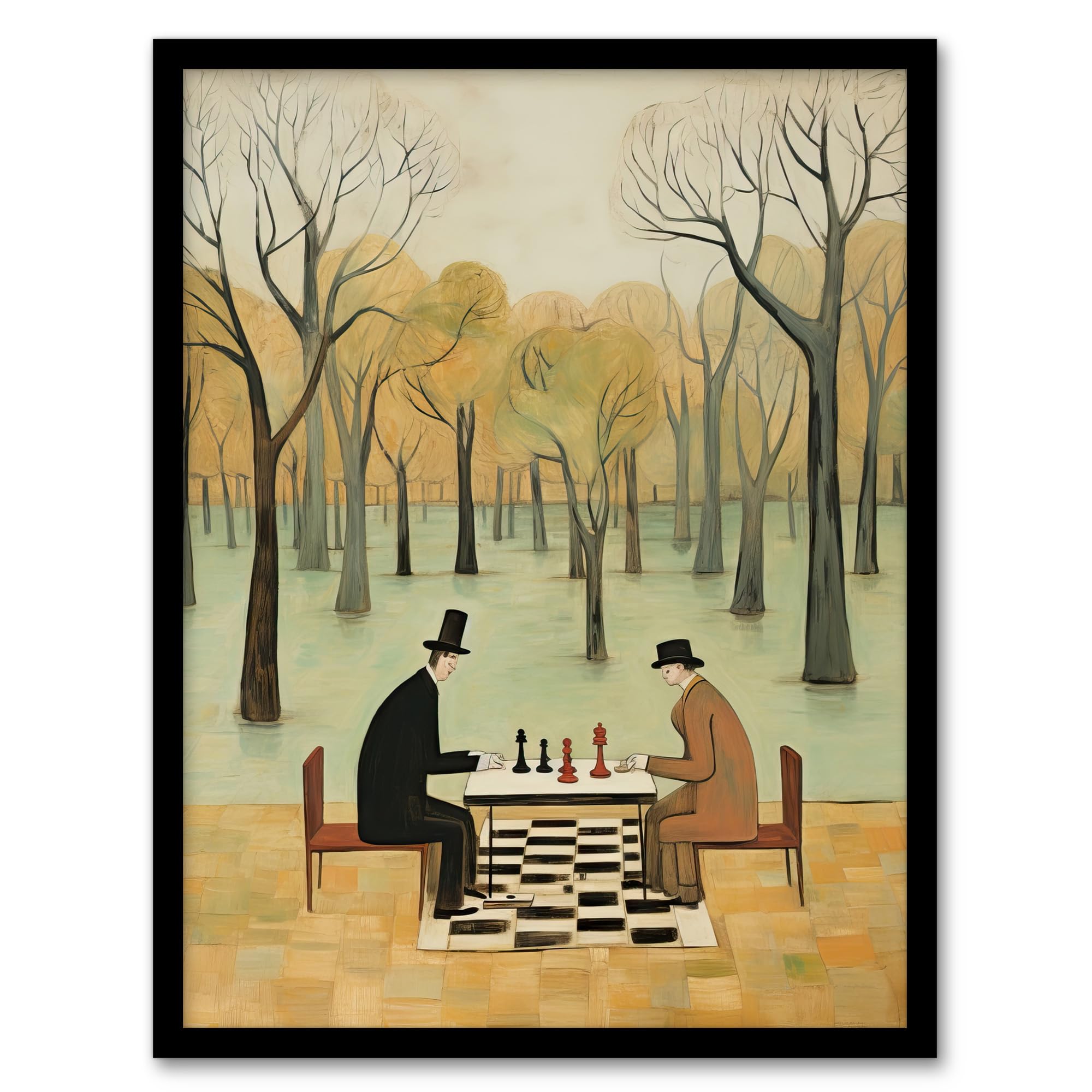 Artery8 Chess In The Park Whimsical Chess Game Pastel Colour Artwork Framed Wall Art Print A4