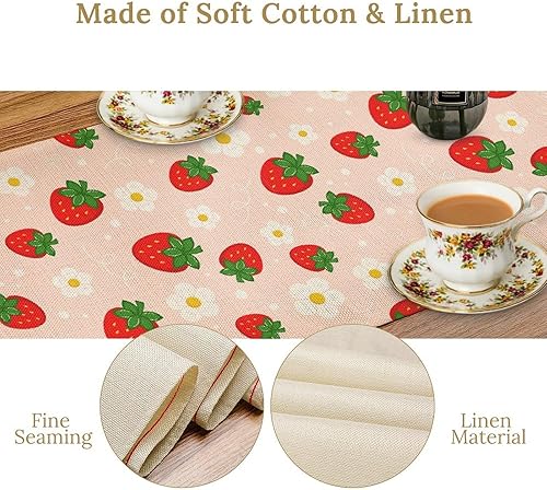 Miniatura 5 de Camino de mesa de fresa, retro de los años 70, lindo floral rosa fresa, frutas de fresa, decoración de mesa auxiliar de temporada para el hogar,