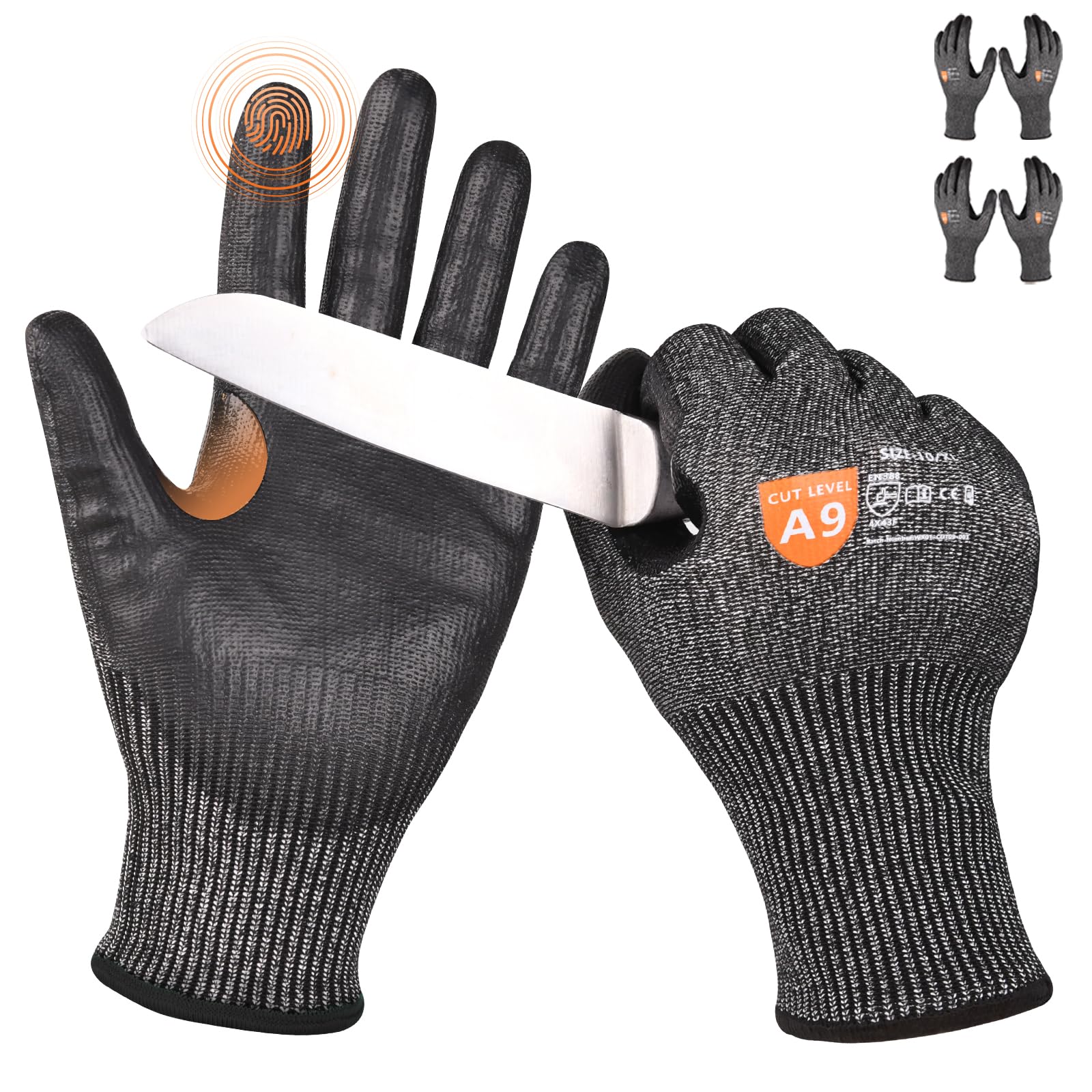 Donfri 2 Pairs Level 9 Cut Resistant Safety Work Gloves, High Protection Cutting Proof Chainsaw Gloves with Reinforced Thumb, Non Slip, Durable, Touch-screen (XL)