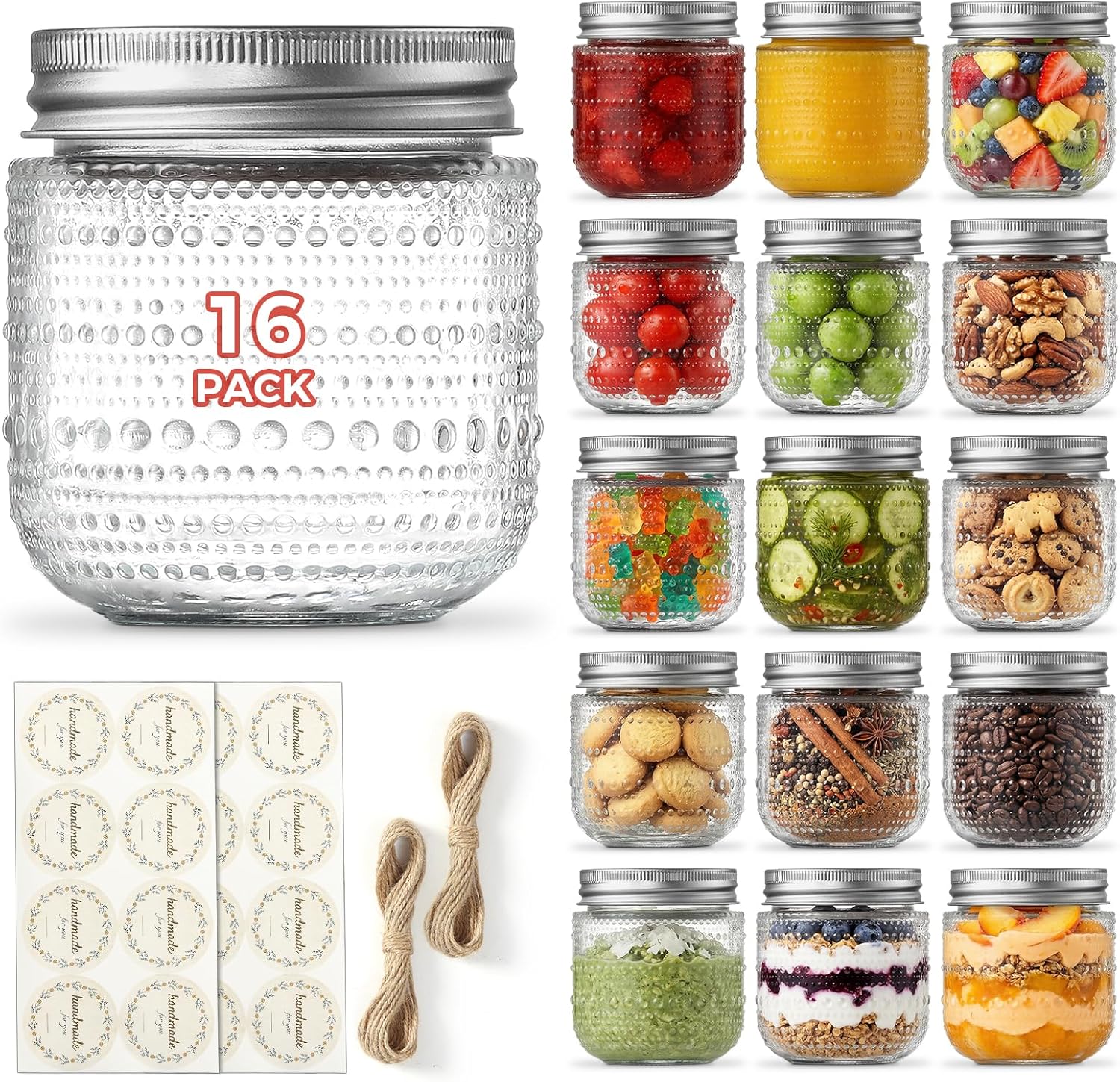 NETANY 16 Pack Small Glass Jars with Lids 8 oz Vintage Embossed Half Pint Mason Jars, Regular Mouth Canning Jars with Metal Lids for Pickling, Jam, Honey, Spice, Yogurt, Candle Making and DIY Crafts
