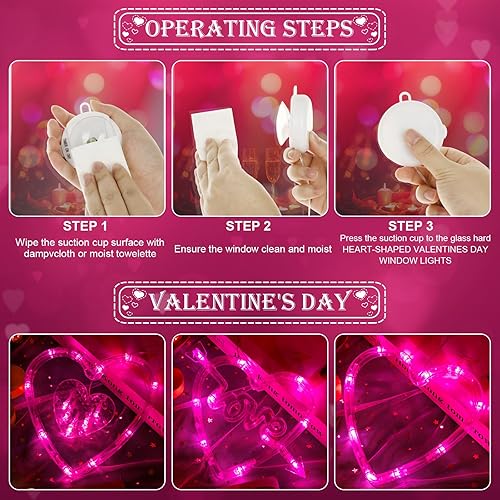 Miniatura 2 de Luces de ventana para el día de San Valentín, 3 tiras de luces colgantes en forma de corazón rojo y rosa con ventosa, decoración del día de San