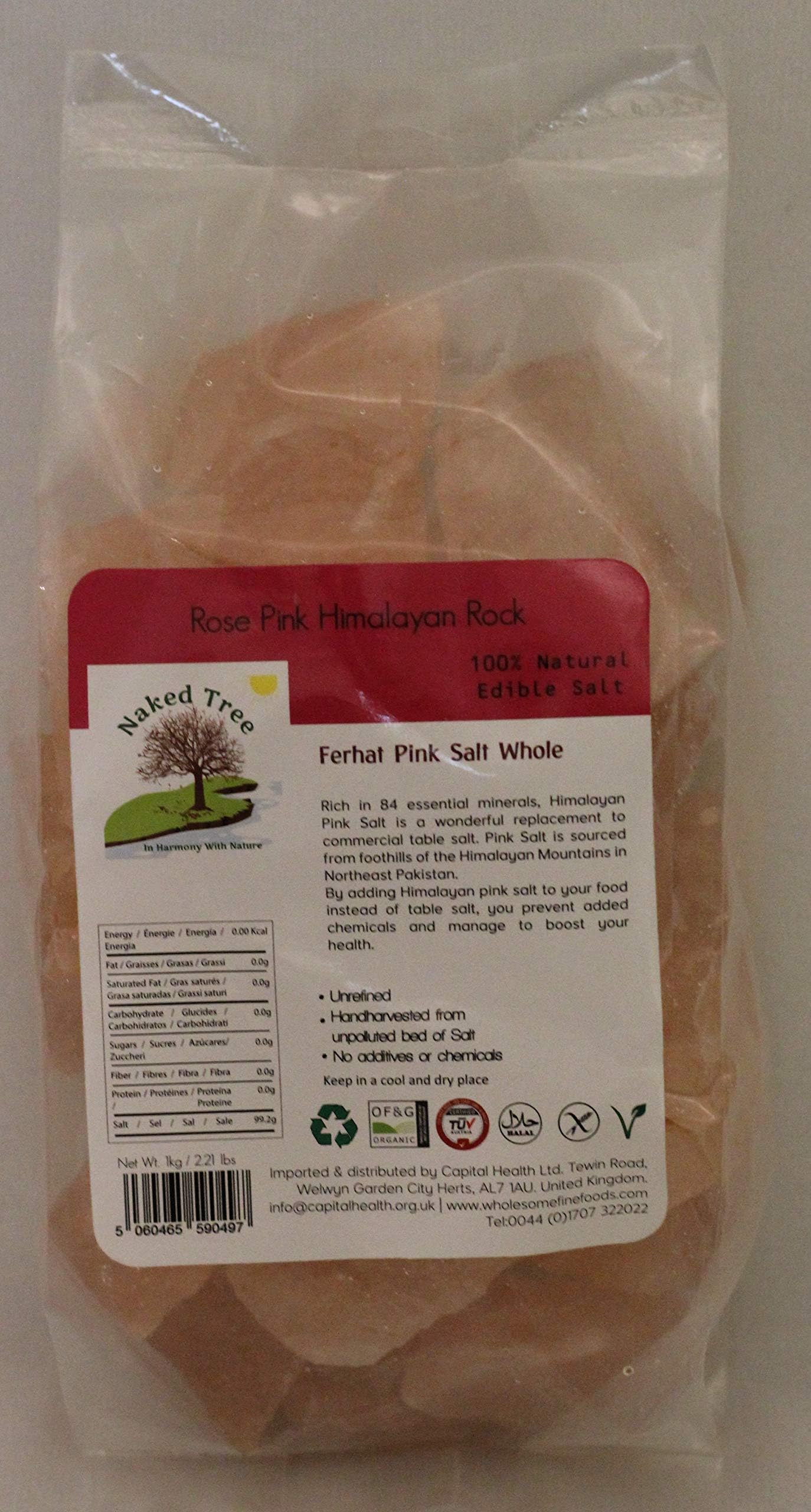 Approved for Use in Organic Systems Naked Tree Rose Pink Himalayan Rock Salt 1kg - Nature & Unrefined Pink Salt from The Himalayas.