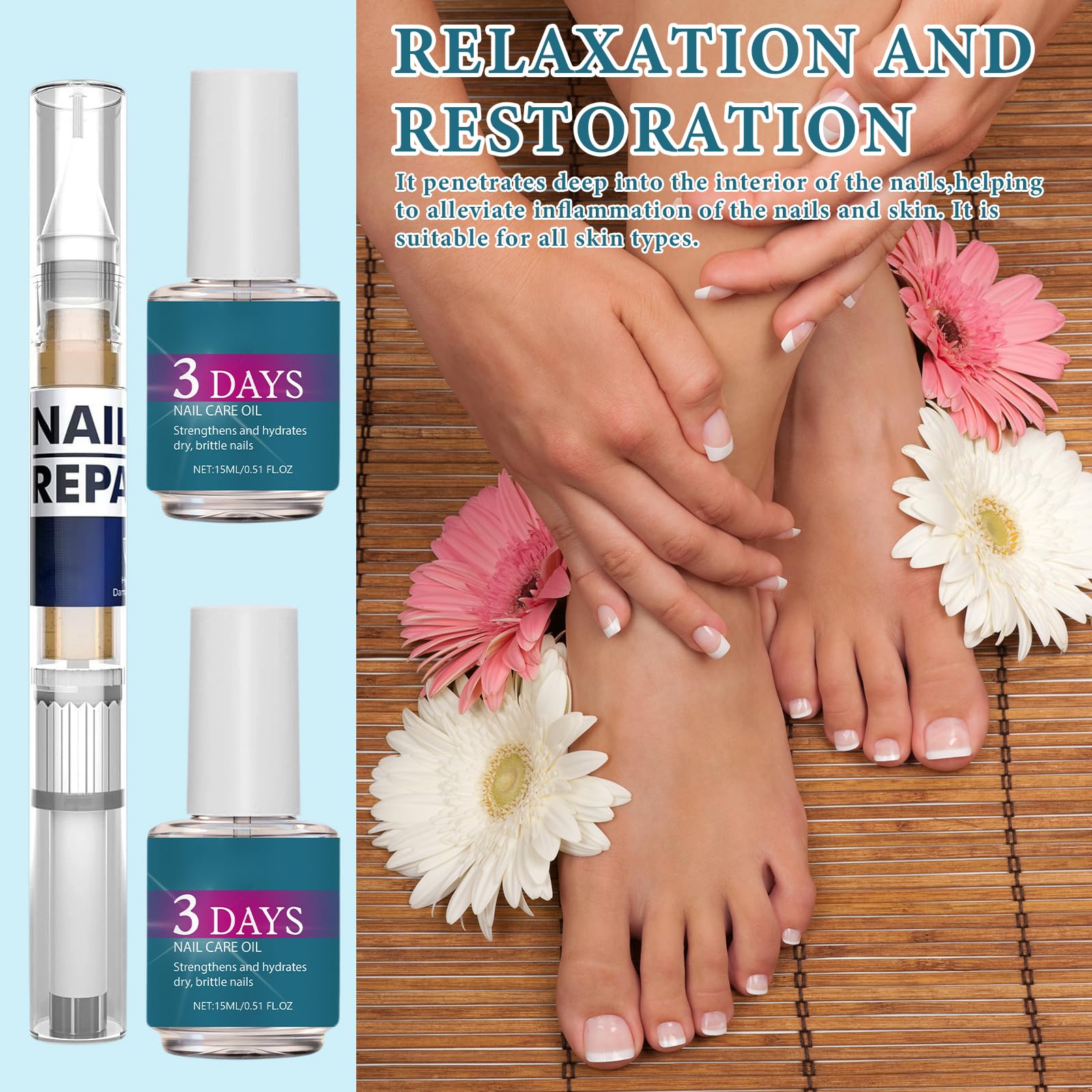 3 Pièce 3 Days Nail Care, Huile Cuticule Léger Pas Gras Absorption Rapide Ongles Forts et Brillants Réparation des Fissures Nourriture Profonde avec 1 Nail Care Pen