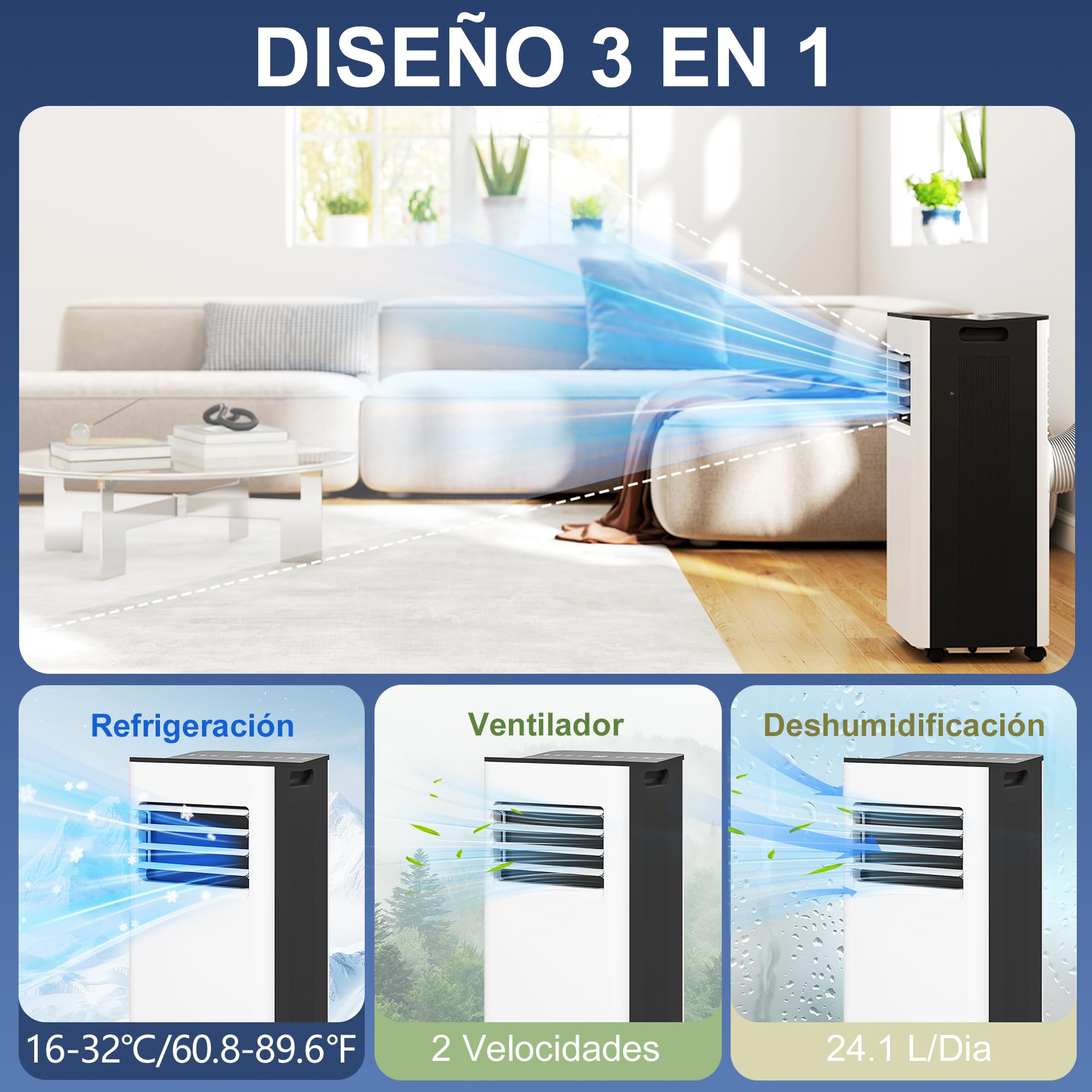 HOMCOM Aire Acondicionado Portátil 3 en 1 9000 BTU Enfriador Ventilador Deshumidificador 24,1 L/Día con Control Remoto Pantalla LED Temporizador 24h 2 Velocidades para Habitación 28m² Blanco y Negro