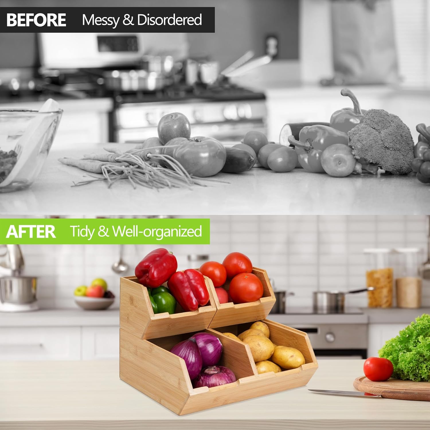 Bamboo Pantry Storage Bins, Stackable Potato and Onion Storage, Pantry Produce Organizer for Fruit and Vegetable - Image 3